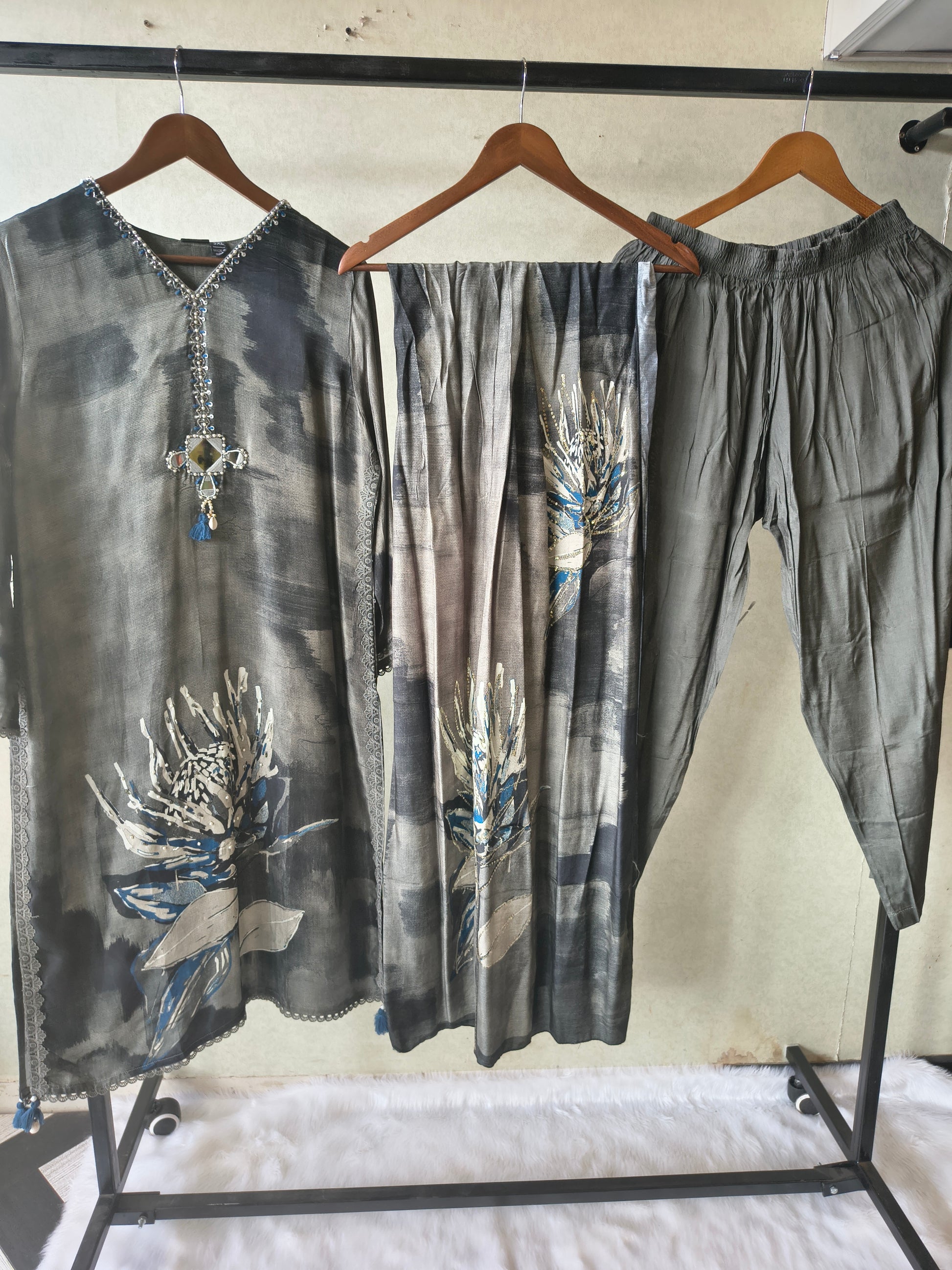 Premium Charcoal Grey Abstract Floral Printed Straight Kurta Set with Designer Neckline, Straight Pants & Printed Dupatta