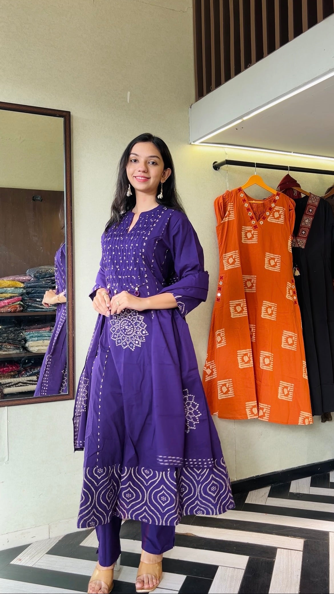 Pure Mull Cotton Bandhani 3 Piece Anarkali Set