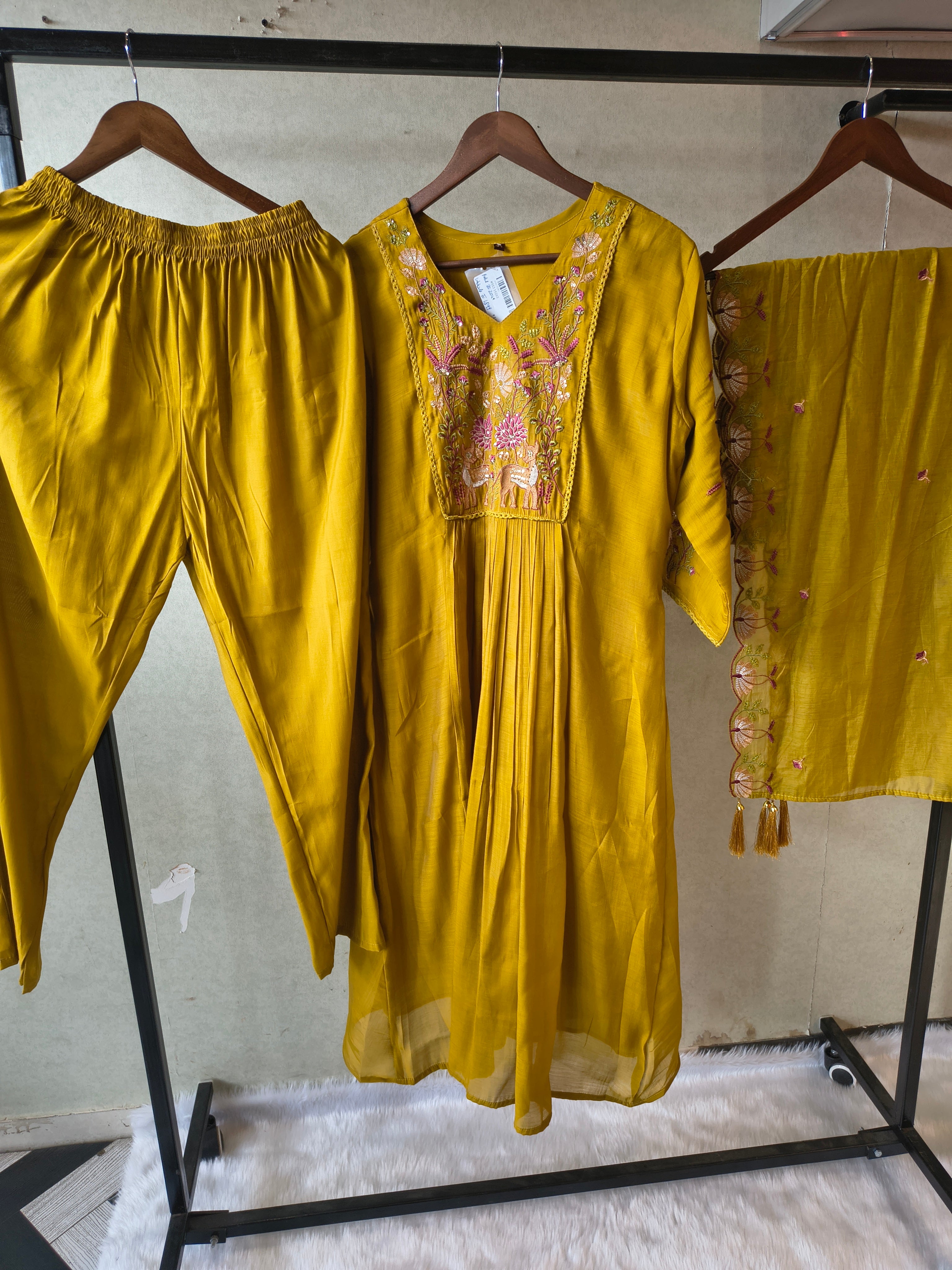Image of Mustard Yellow Cotton Blend 3-Piece Suit Set with Floral Embroidered Yoke & Tassel Dupatta