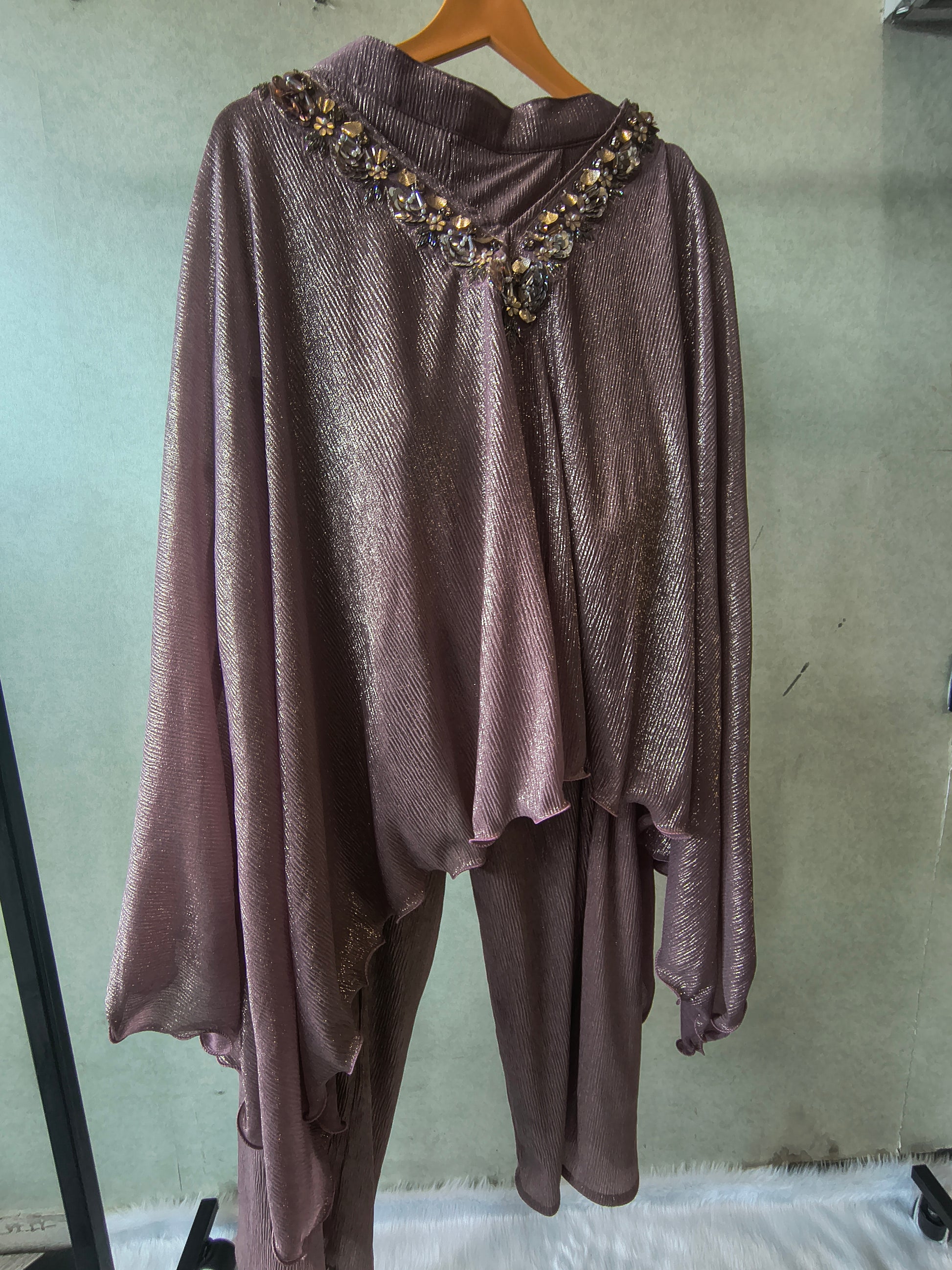 Premium Rose Gold Shimmer Kaftan Co-Ord Set with Hand Embellished Cape & Straight Pants
