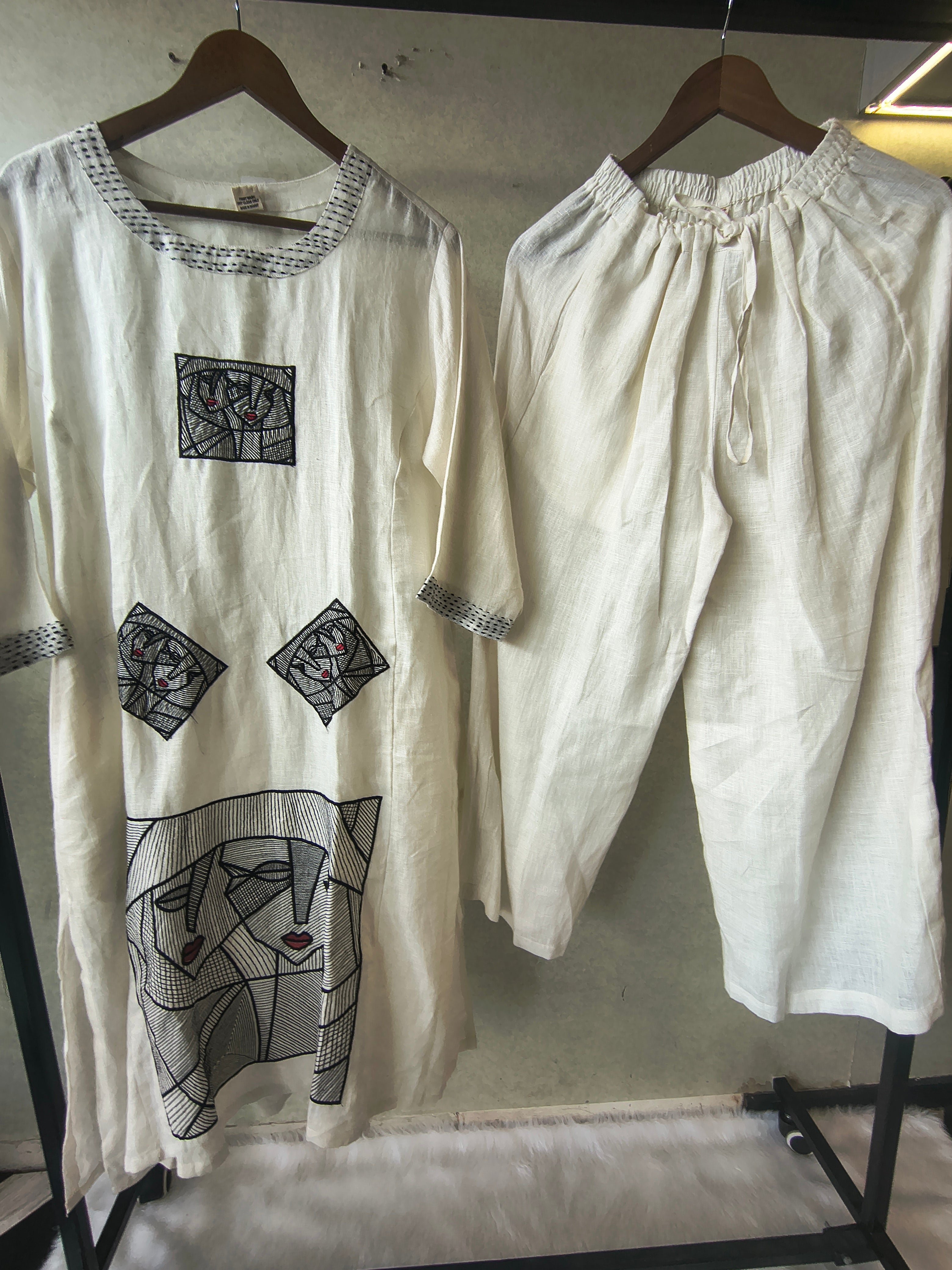 Image of Premium Off-White Artistic Abstract Embroidered Cotton Kurta with Straight Pants Set