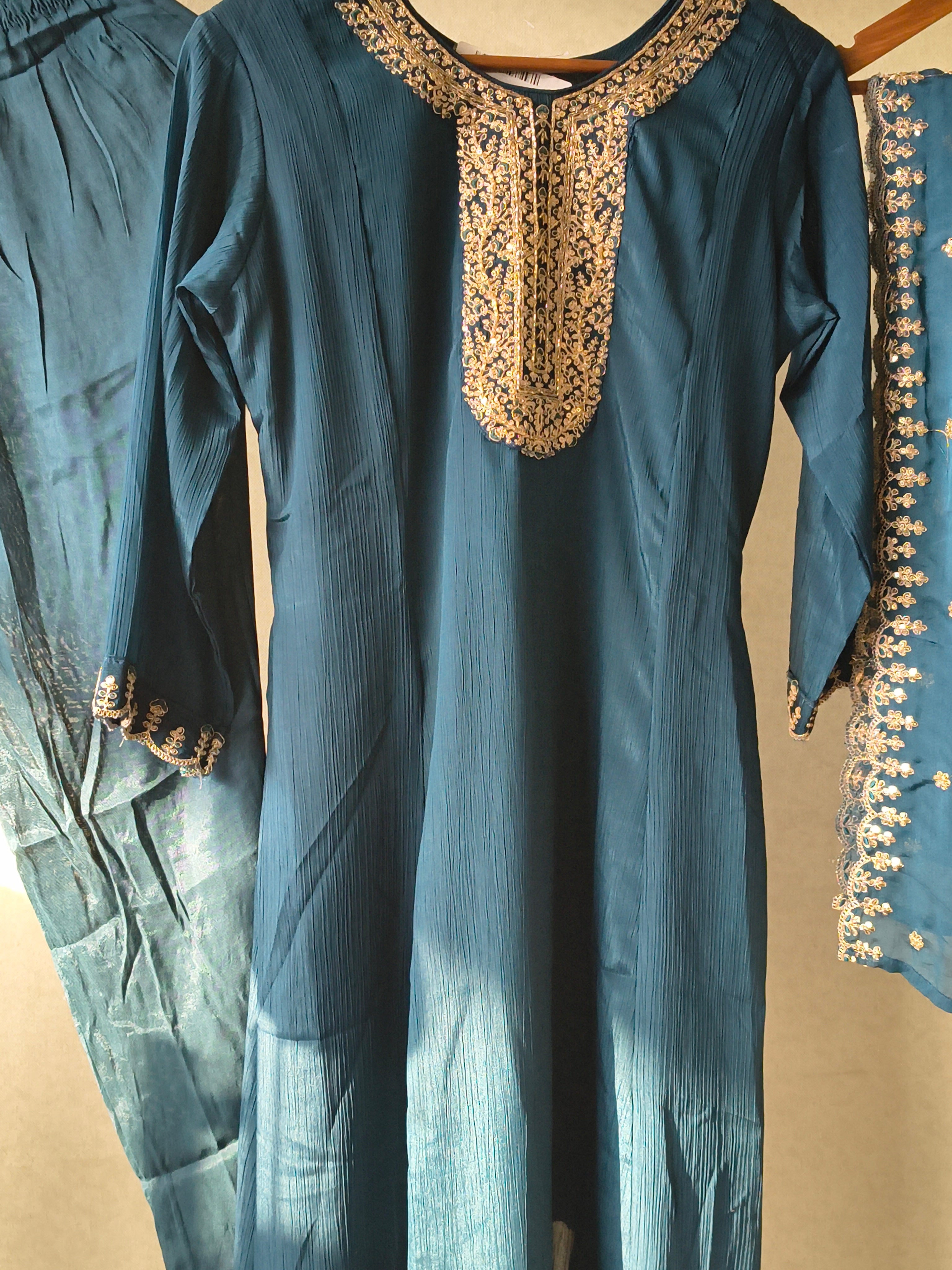 Image of Premium Teal Blue Embroidered Straight Kurta with Salwar Pants & Embellished Dupatta Set