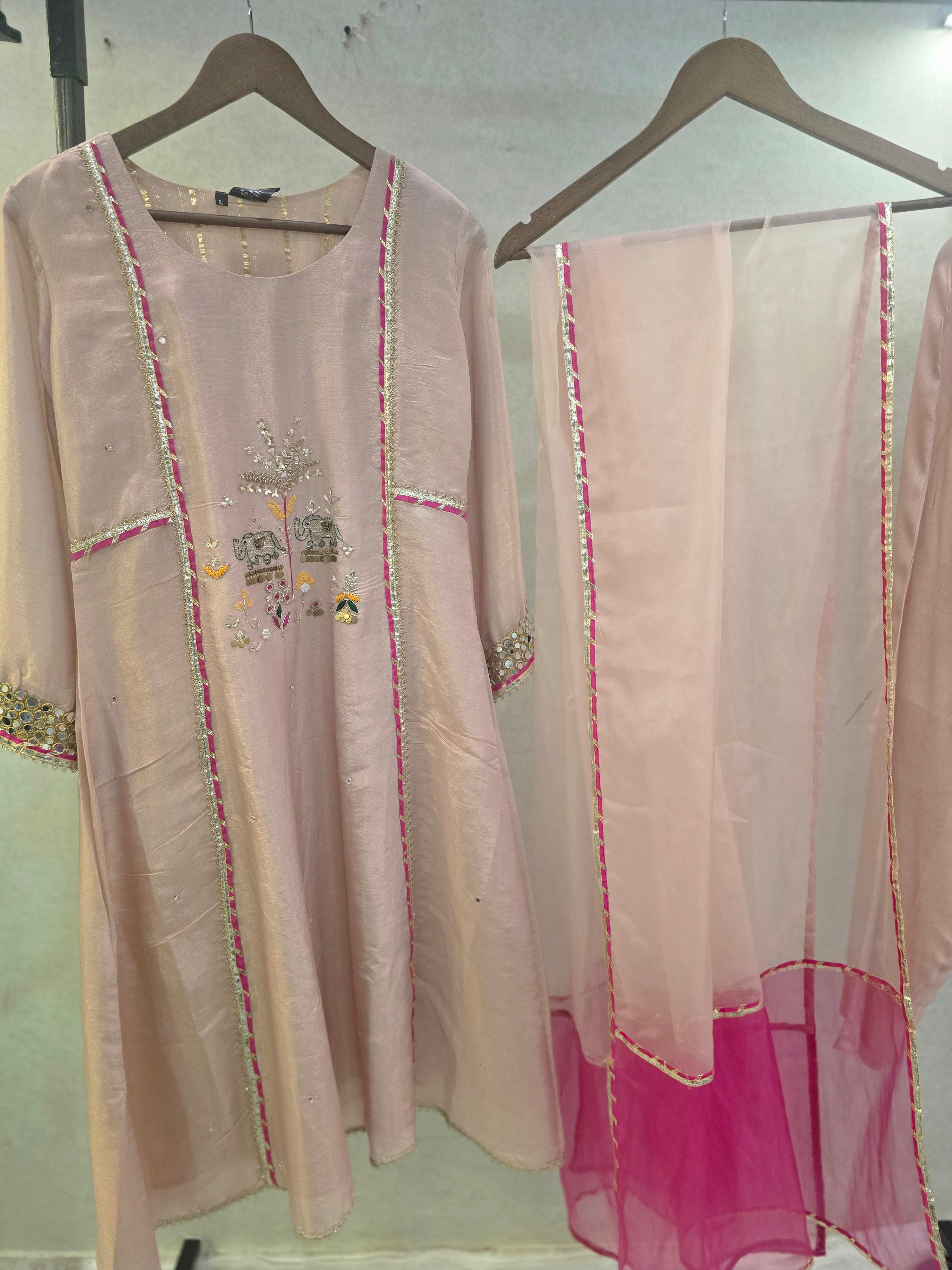 Image of Blush Pink Hand-Embroidered Kurta Set with Contrast Organza Dupatta | Premium 3 Piece Ethnic Suit