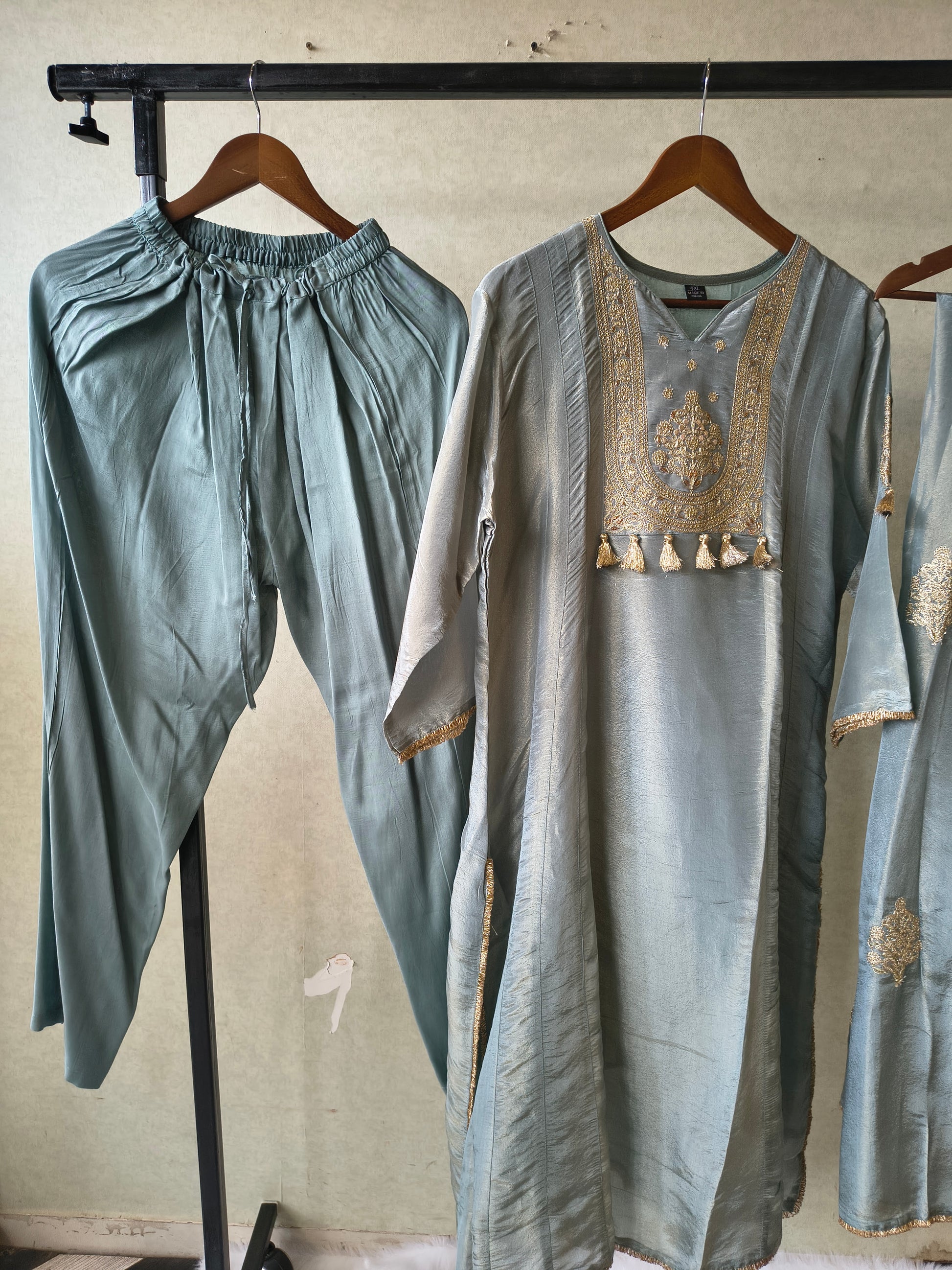 Premium Sage Blue Embroidered A-Line Kurta Set with Dupatta