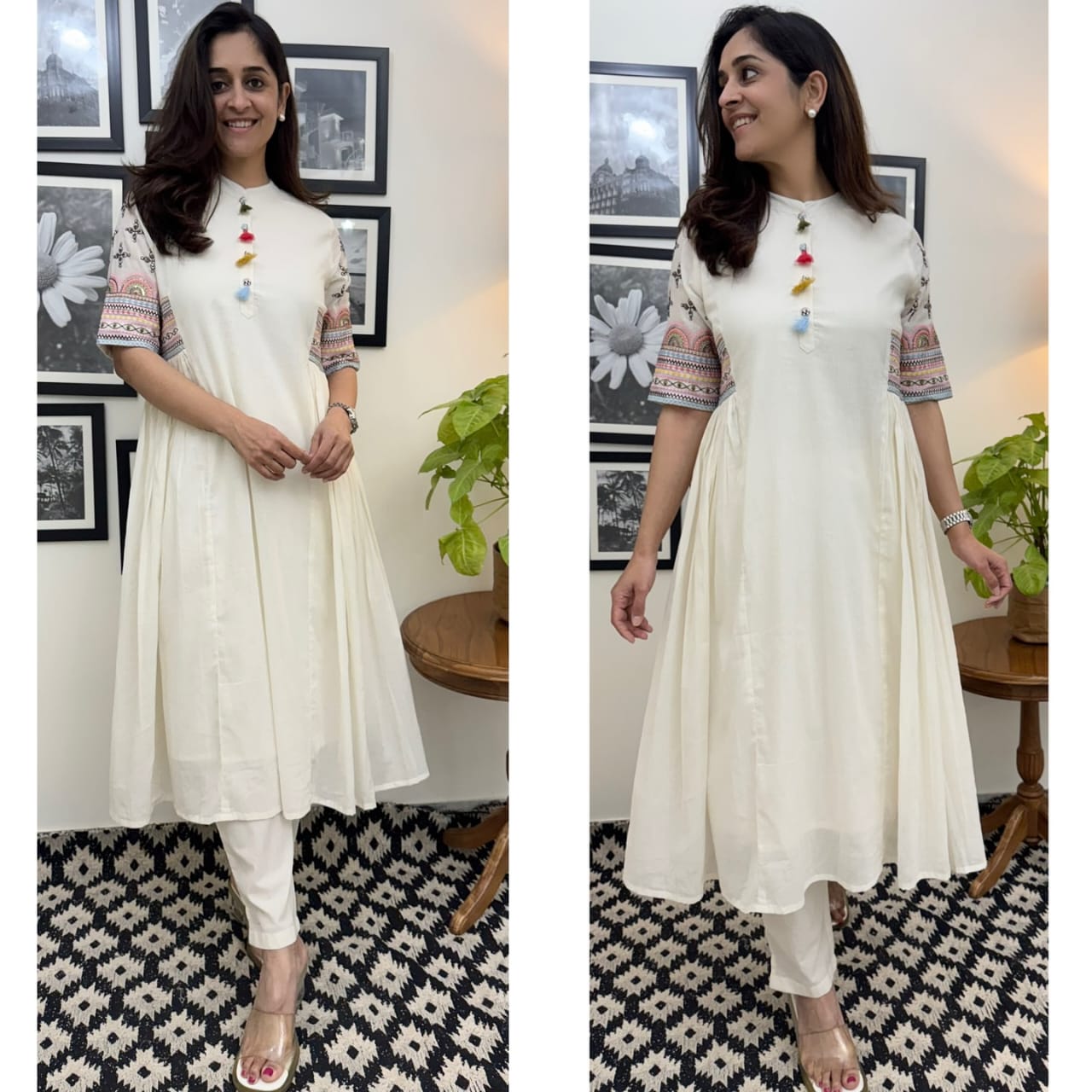 Aline kurta Style made from high-quality cotton flex, embellished with sequance embroidery work on hand sleeves and side line and paired with matching pant.