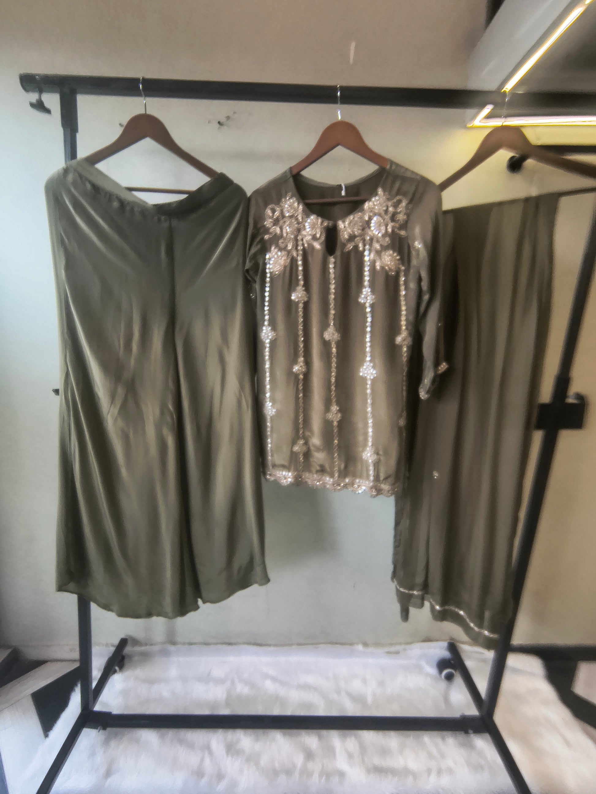 Olive Green Pearl & Mirror Embroidered Kurta Set with Flared Palazzo & Organza Dupatta – Designer 3 Piece Festive Ensemble