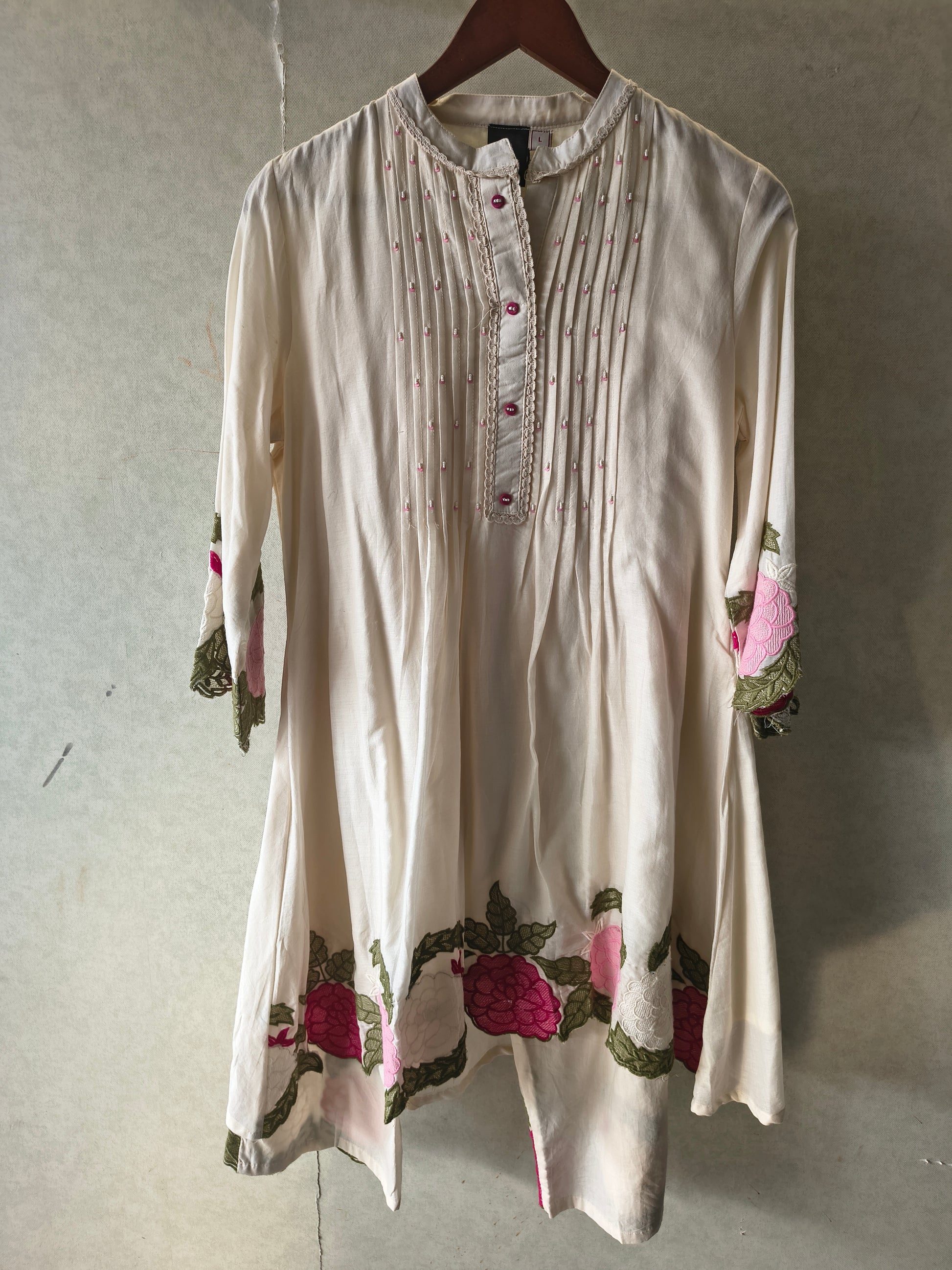 Ivory Floral Embroidered Pintuck Designer Kurta Pant Co-Ord Set
