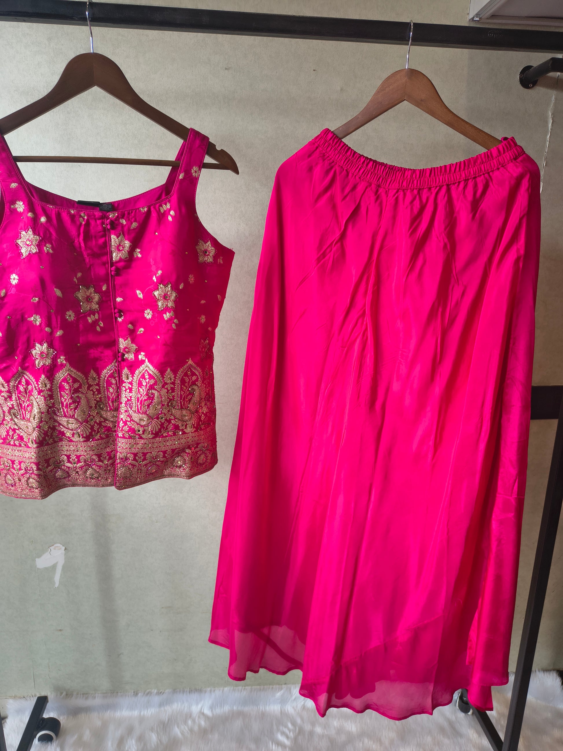 Premium Rani Pink Satin Silk 3-Piece Lehenga Set with Heavy Zari Embroidered Blouse & Dupatta