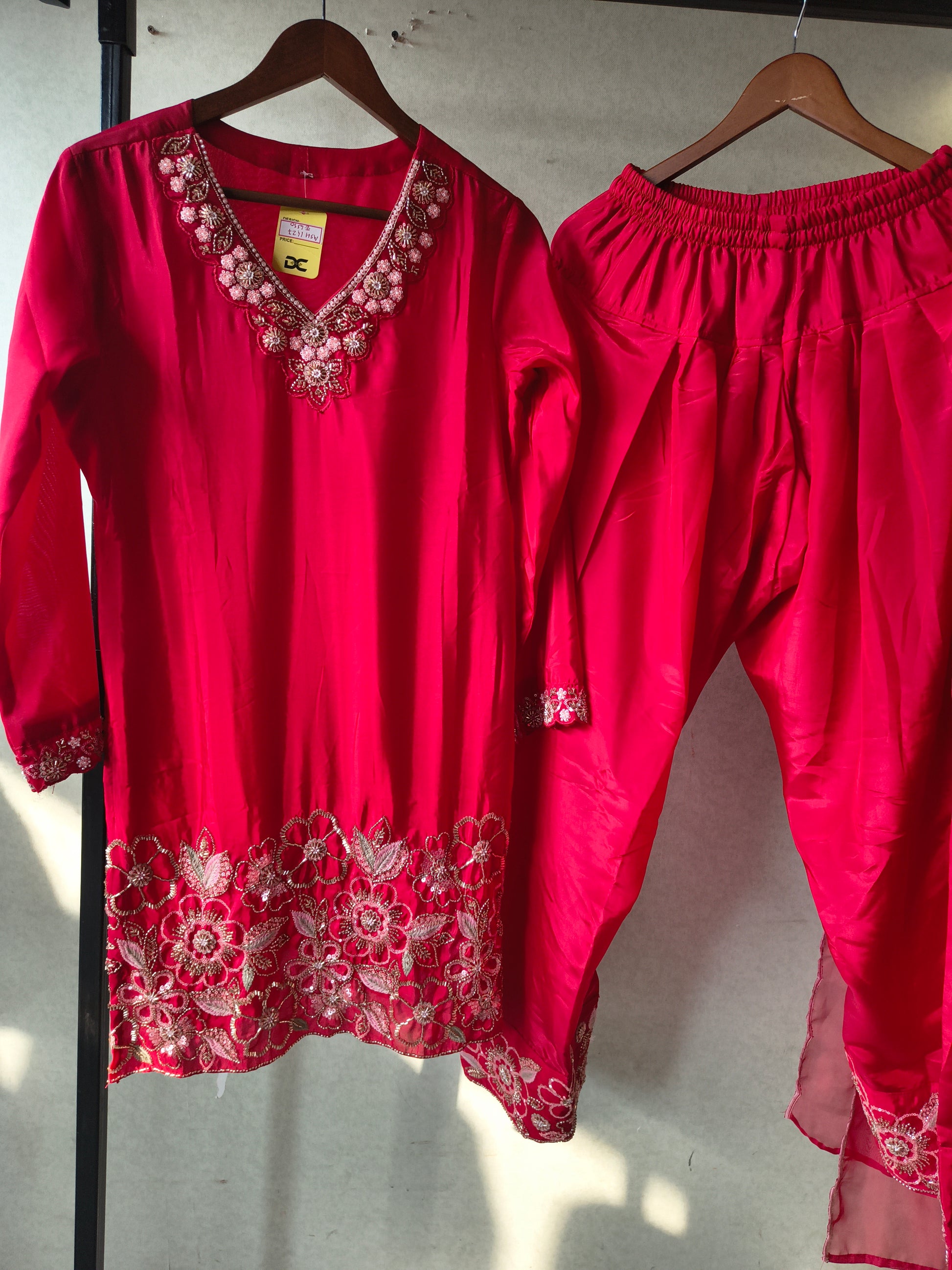 Ruby Red Embroidered Straight Kurta Set with Floral Thread Work, Designer Neckline & Embellished Dupatta – Premium 3 Piece Ethnic Ensemble