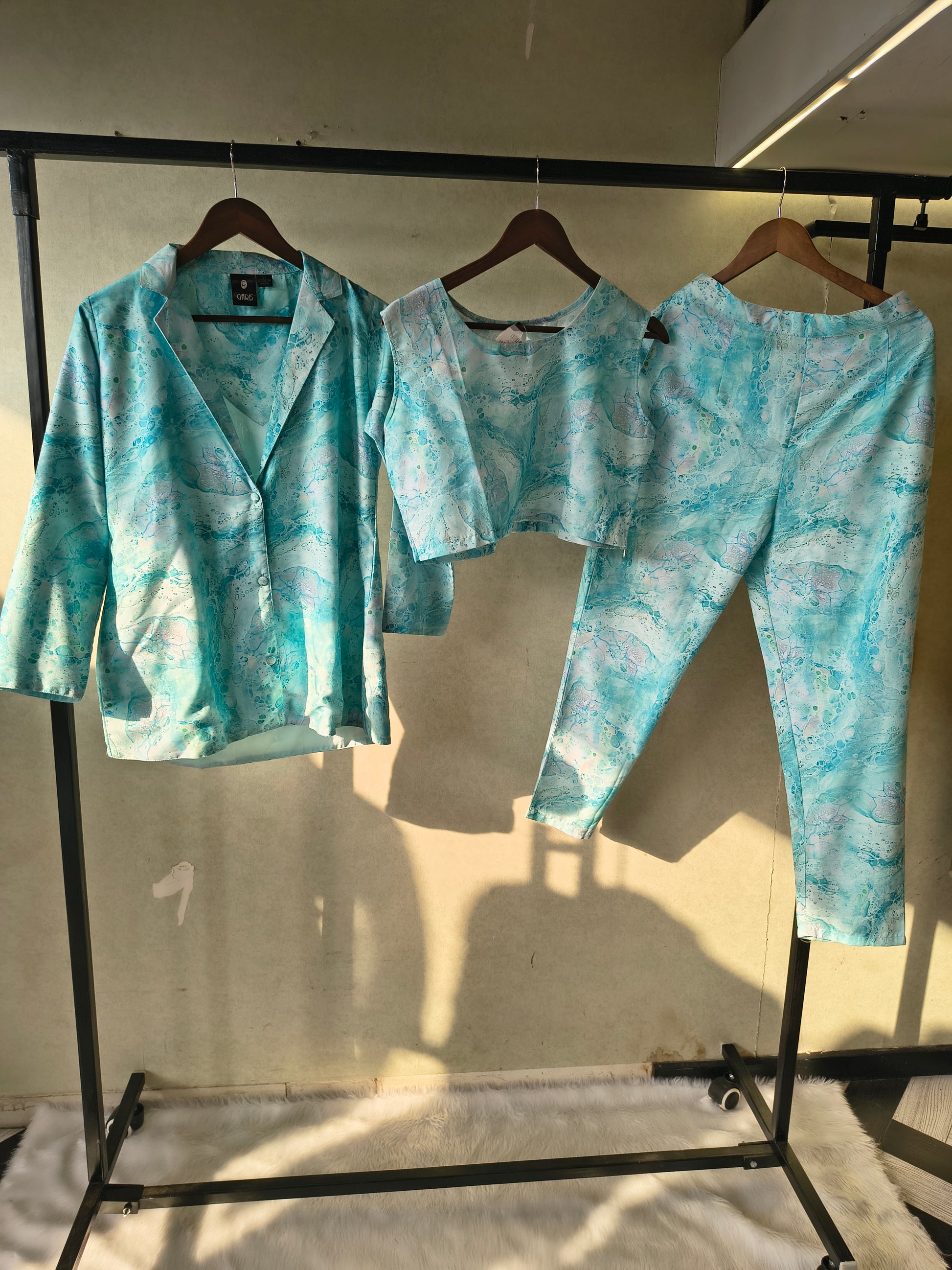 Premium Aqua Marble Print Blazer, Crop Top & Straight Pants Co-Ord Set