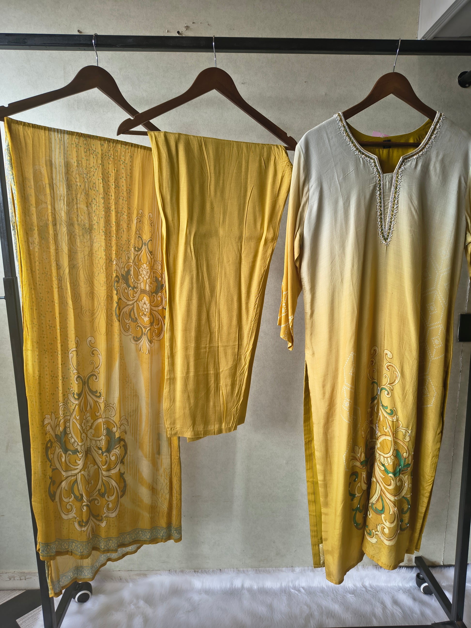 Premium Mustard Yellow Ornamental Print Straight Kurta Set with Designer Dupatta & Straight Pants