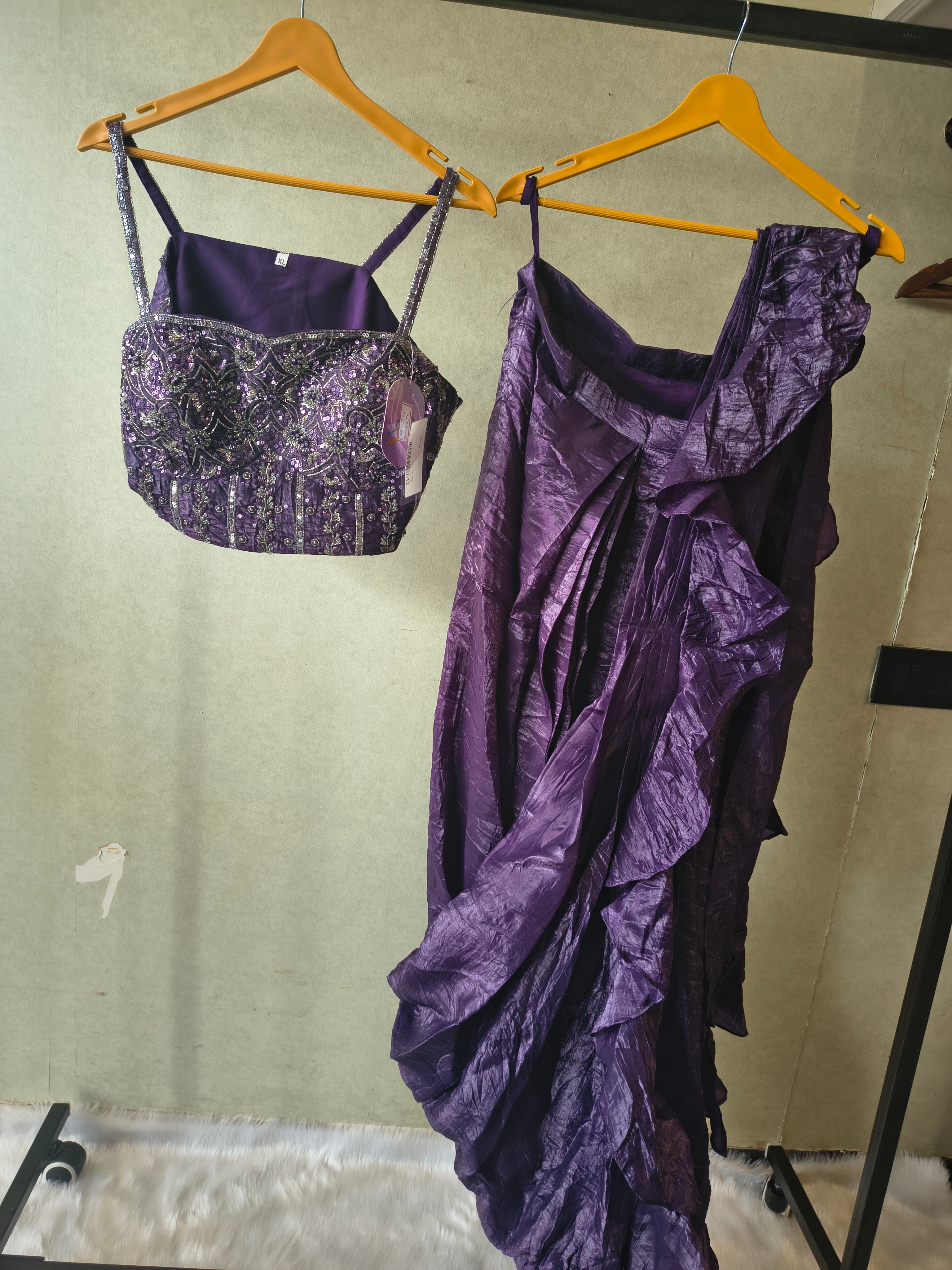 Image of Premium Purple Pre-Draped Designer Saree with Heavy Hand Embroidered Sequins Blouse