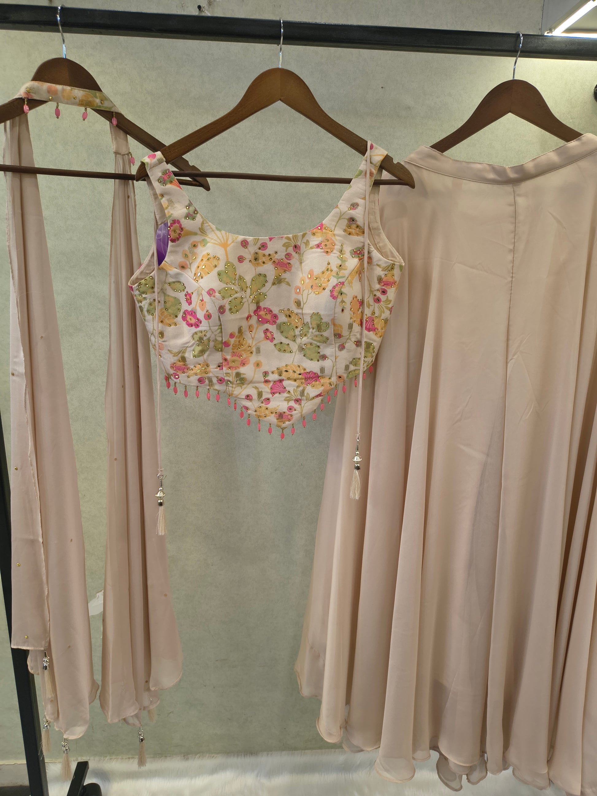 Blush Pink Floral Embroidered Blouse with Flared Palazzo & Choker Dupatta – 3 Piece Designer Indo-Western Set