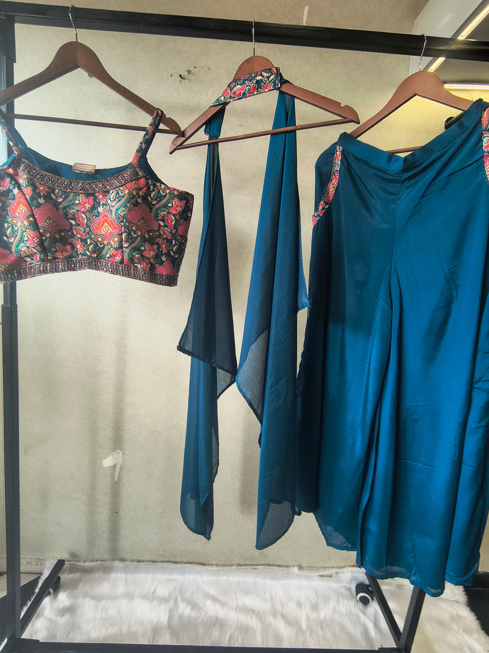 Teal Printed Designer Blouse with Drape Palazzo & Cape – 3 Piece Indo-Western Fusion Party Wear Set