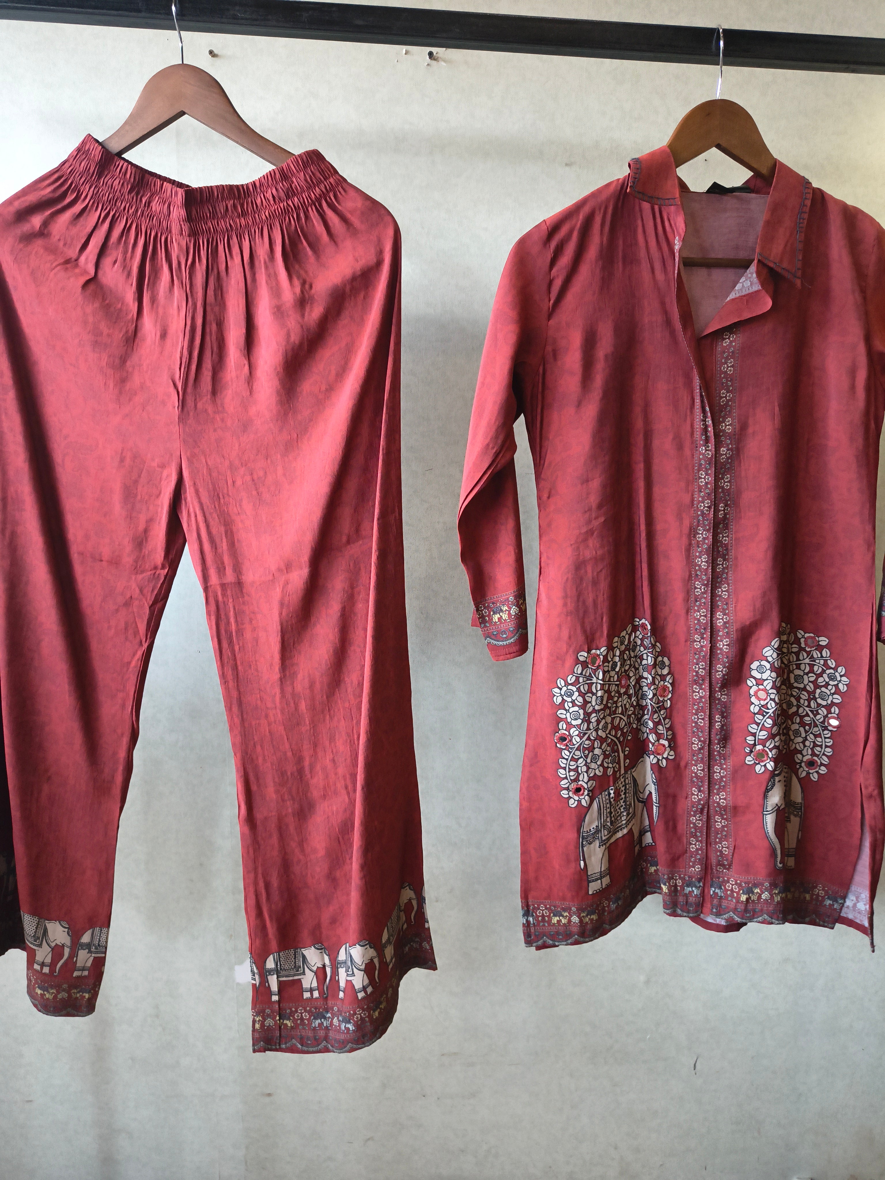 Image of Rust Red Elephant Print Designer Co-Ord Set with Asymmetrical Hem