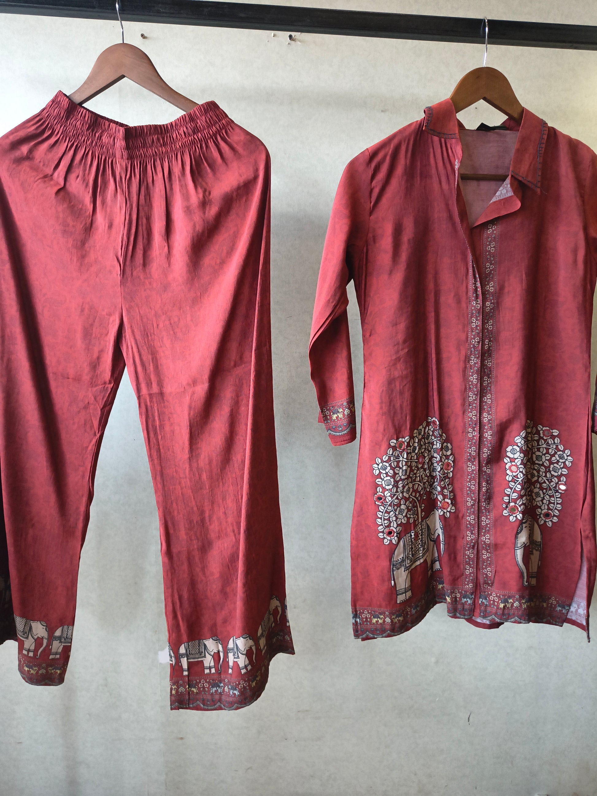 Rust Red Elephant Print Designer Co-Ord Set with Asymmetrical Hem