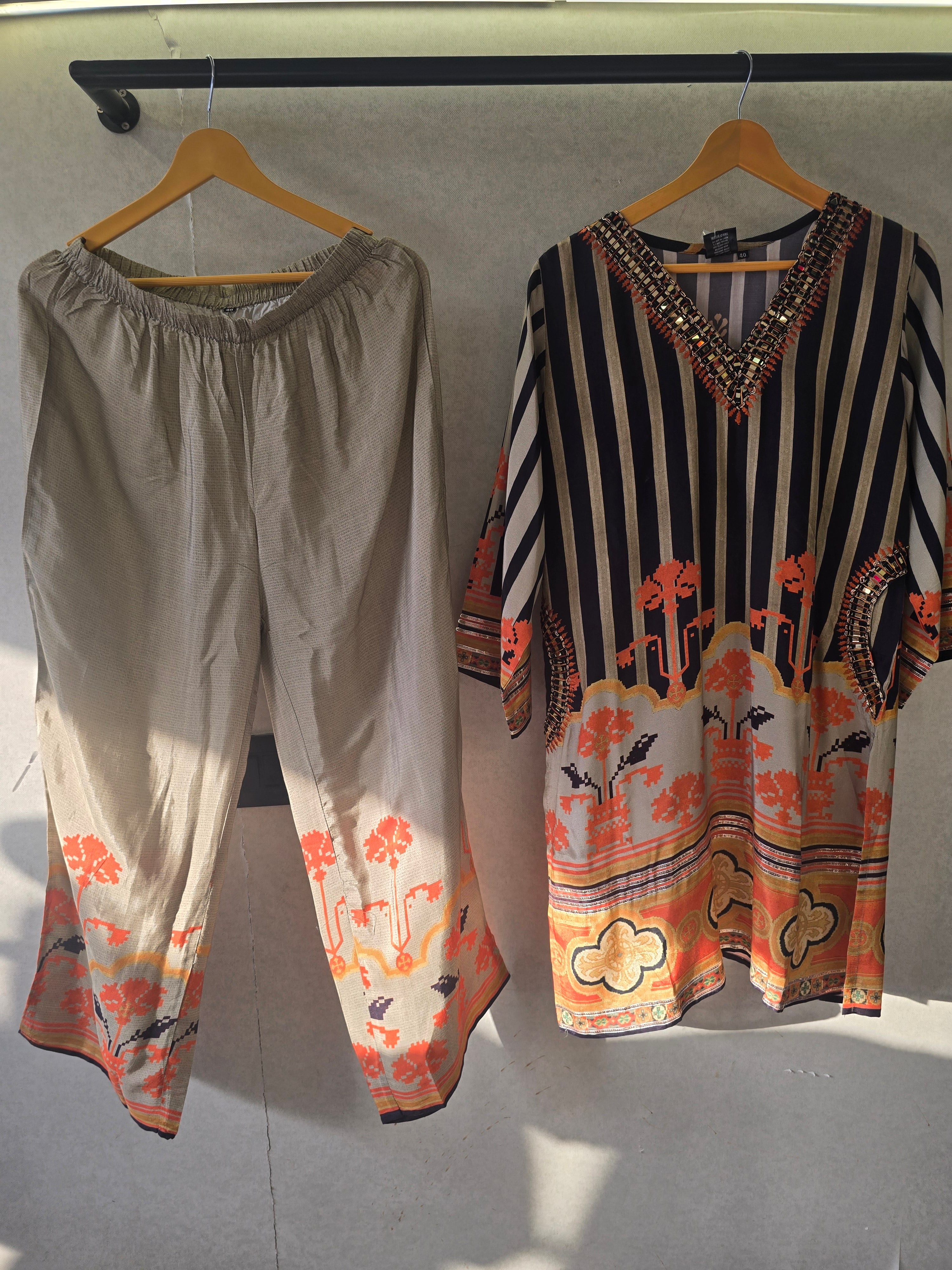 Image of Navy Stripe Mirror Work Kaftan Co-Ord Set