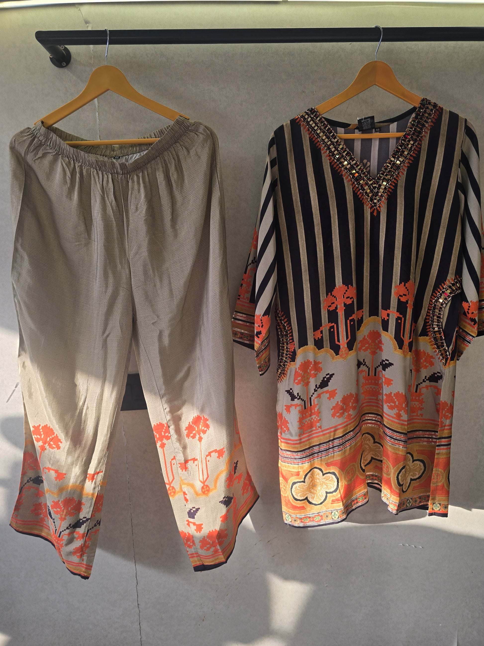 Navy Stripe Mirror Work Kaftan Co-Ord Set
