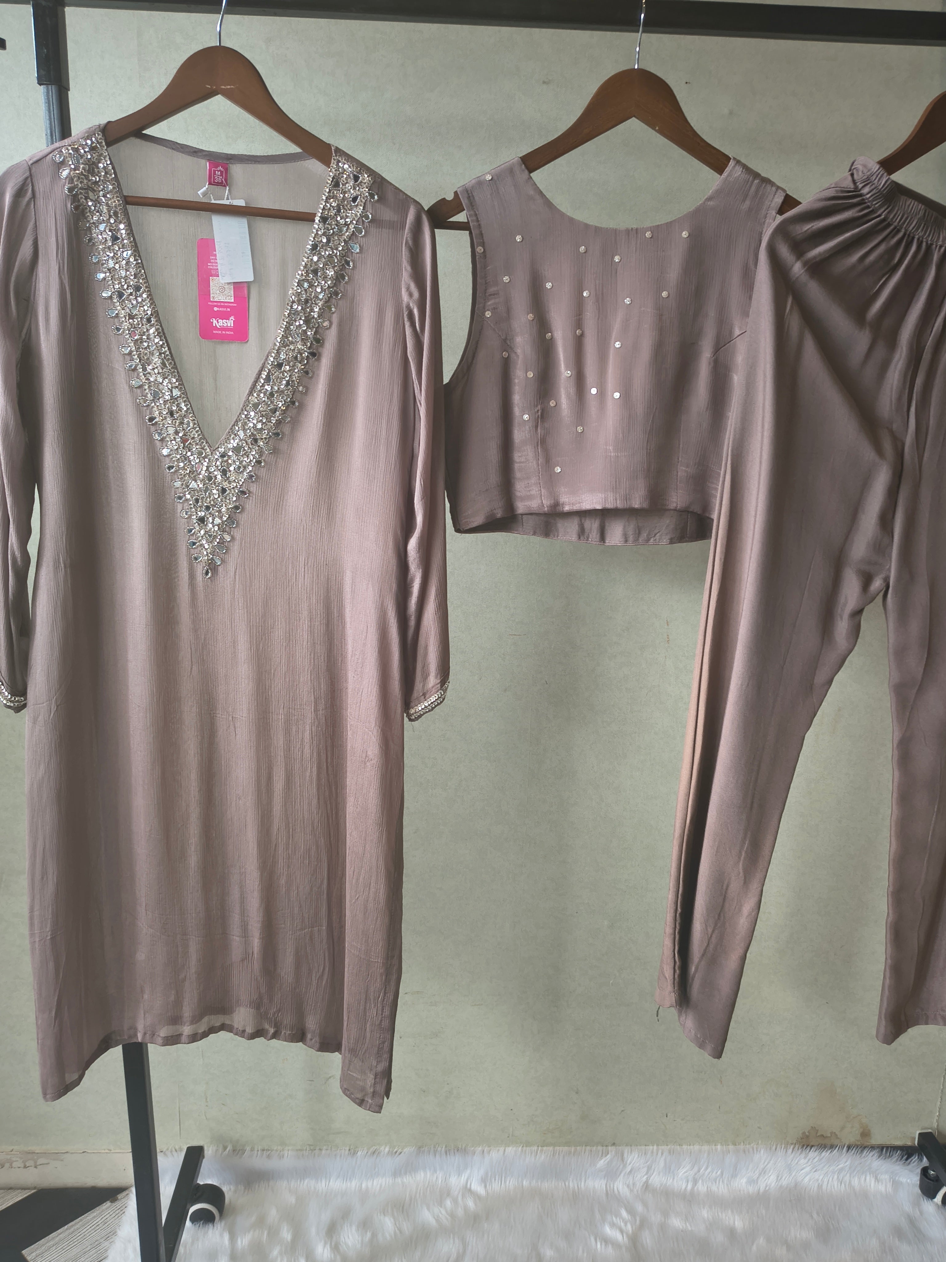 Image of Luxury Taupe Embellished Kurta with Sleeveless Blouse & Straight Pants – 3 Piece Designer Indo-Western Set