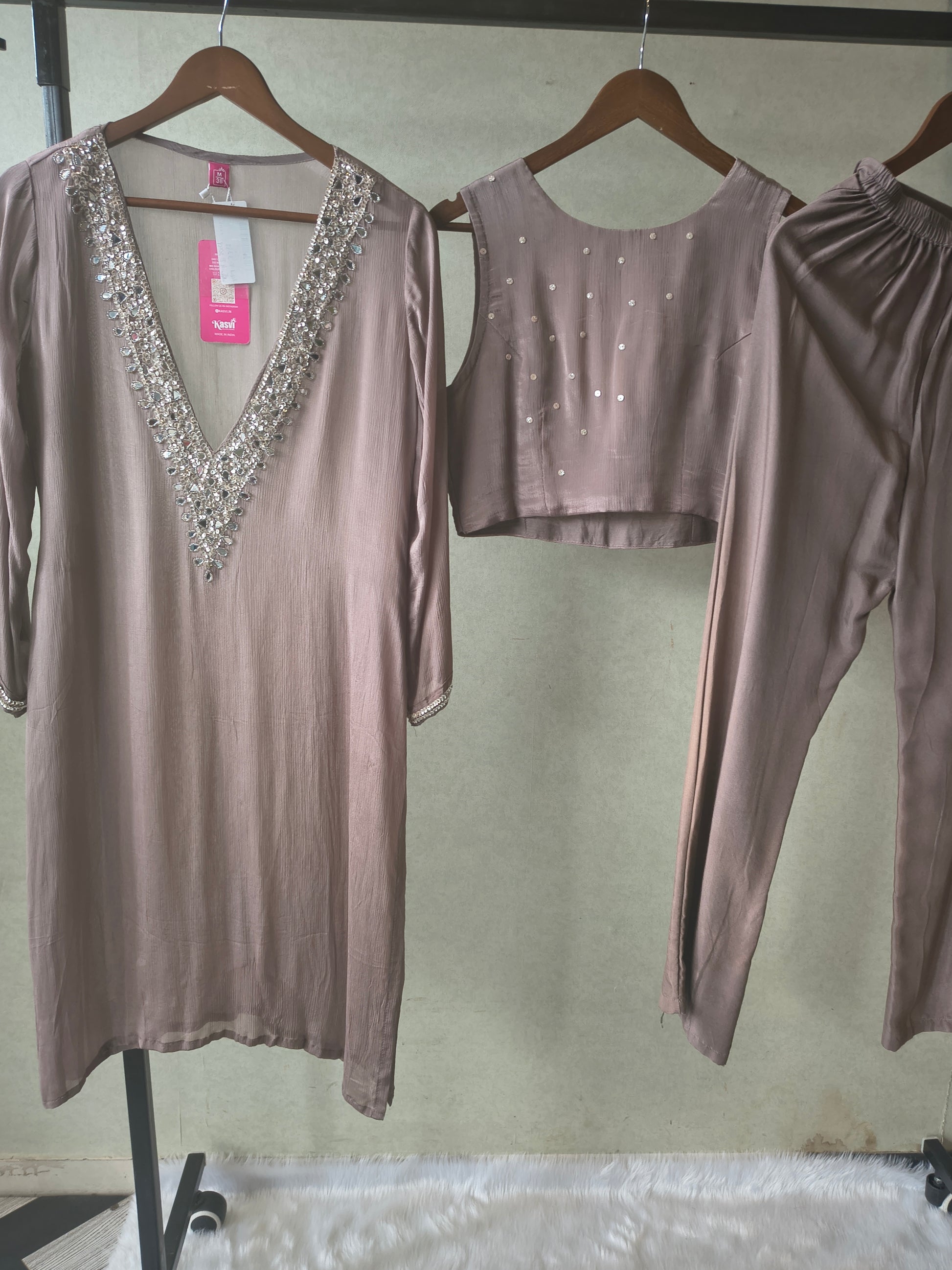 Luxury Taupe Embellished Kurta with Sleeveless Blouse & Straight Pants – 3 Piece Designer Indo-Western Set