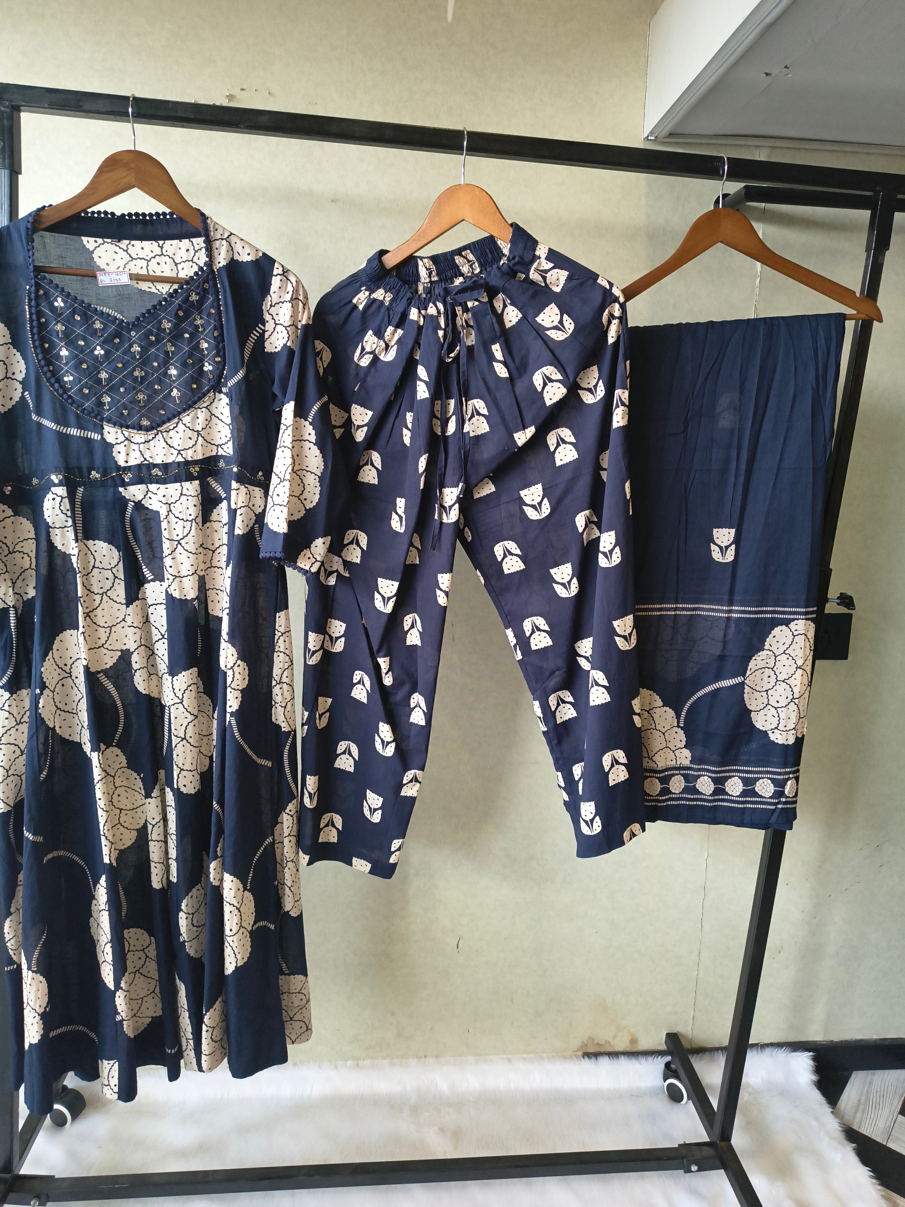 Image of Premium Navy Blue Handblock Printed Cotton Anarkali Suit Set with Printed Pants & Dupatta