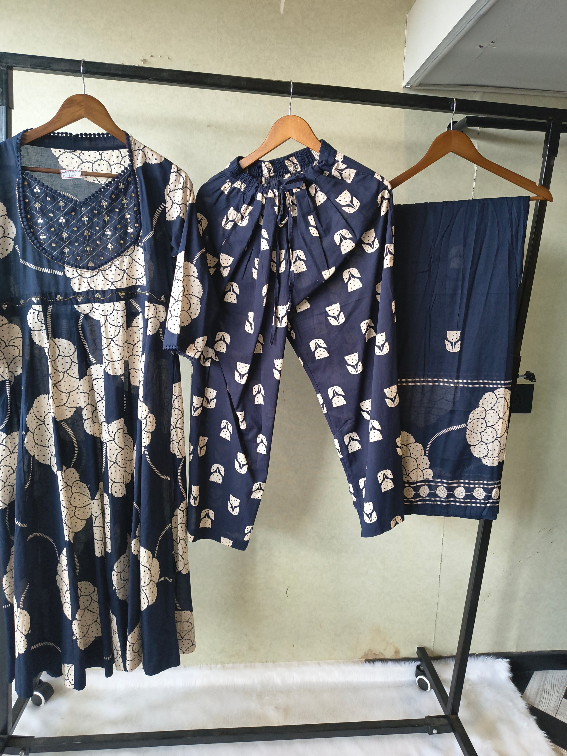 Premium Navy Blue Handblock Printed Cotton Anarkali Suit Set with Printed Pants & Dupatta