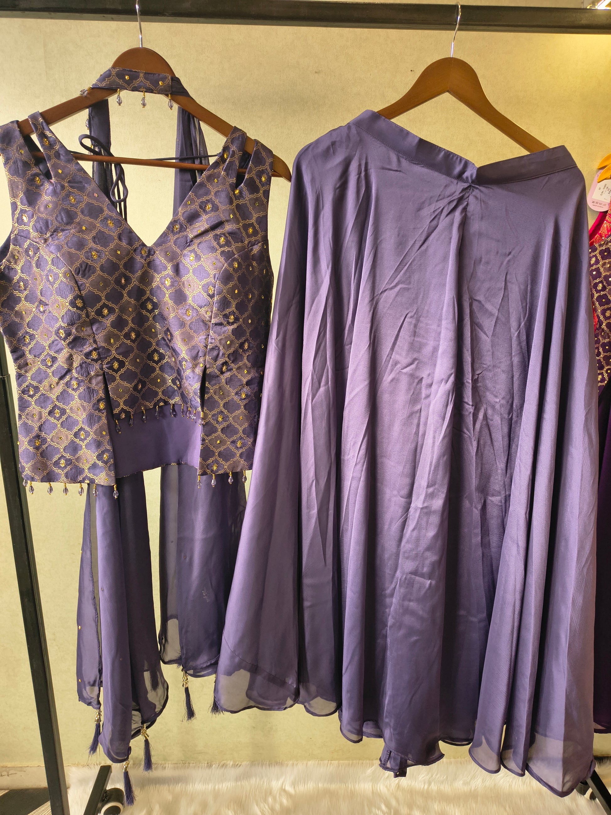 Luxury Steel Blue Jacquard Blouse with Flared Palazzo & Embellished Choker Dupatta – 3 Piece Designer Indo-Western Set