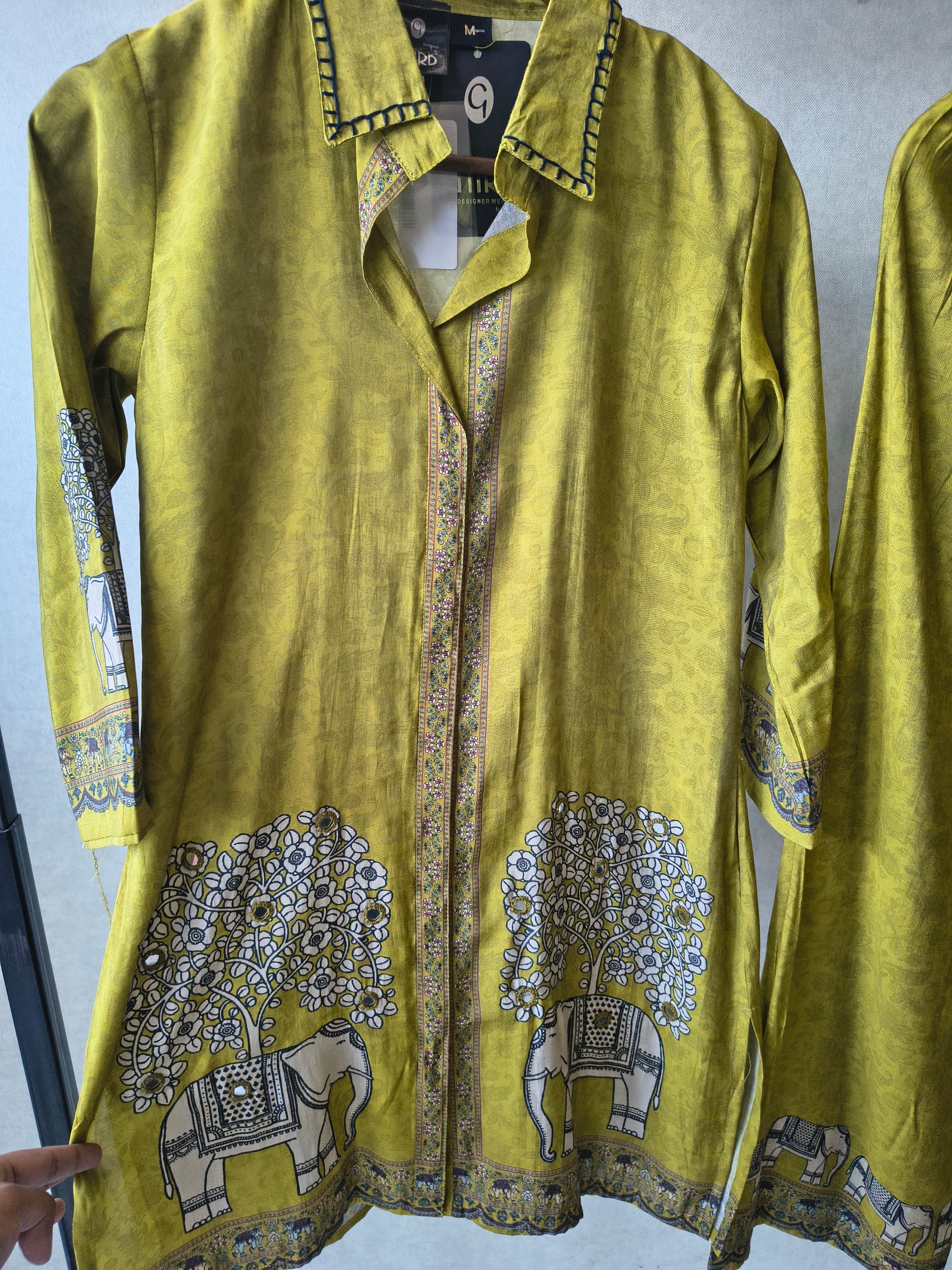 Image of Mustard Yellow Elephant Print Designer Co-Ord Set with Asymmetrical Hem