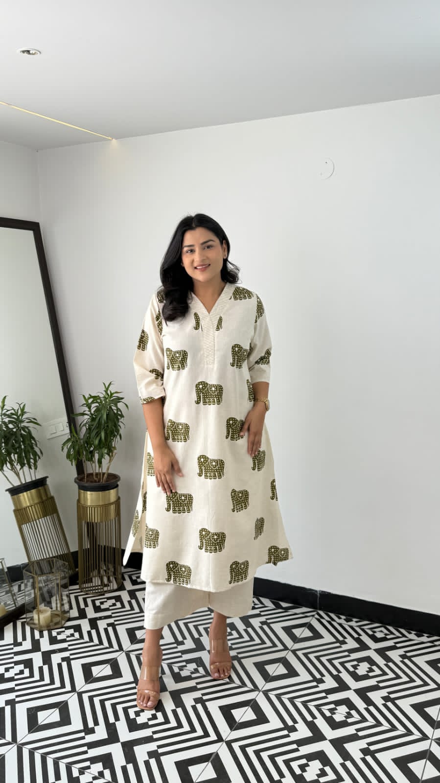 Explore Breathable & Embroidered and beautiful elephant print all over kurti Co-ord Sets your go-to for any occasion