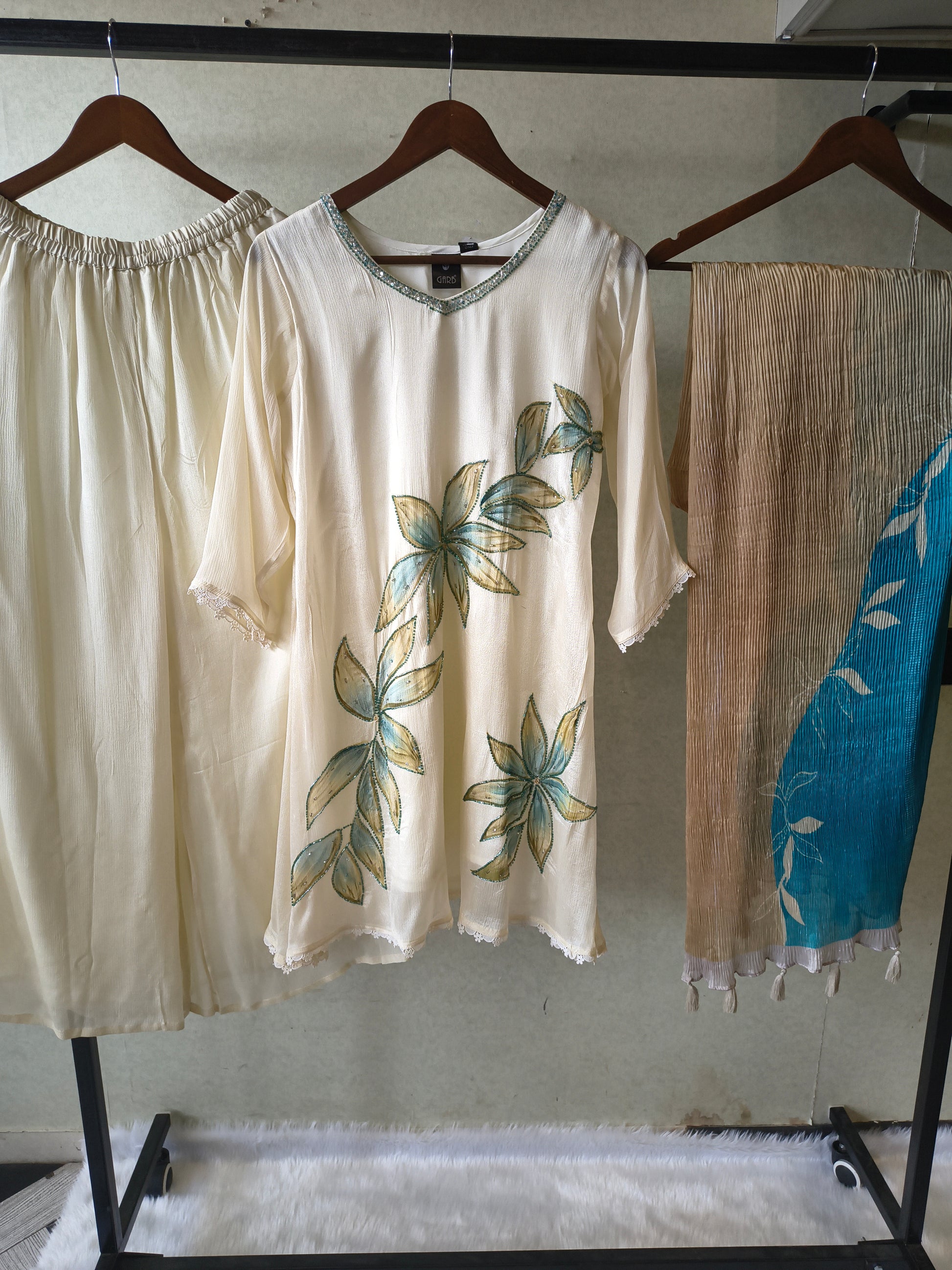 Ivory Floral Hand-Painted Three-Piece Kurta Set with Palazzo & Ombre Dupatta