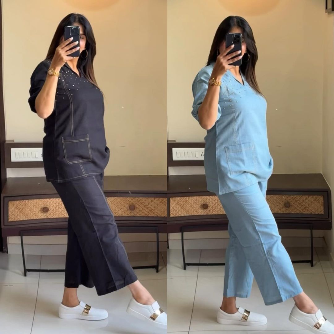 Image of Look stylish and walk in comfort with our new Hand WORK set perfect for your wardrobe. Pure Denim Cotton Slub