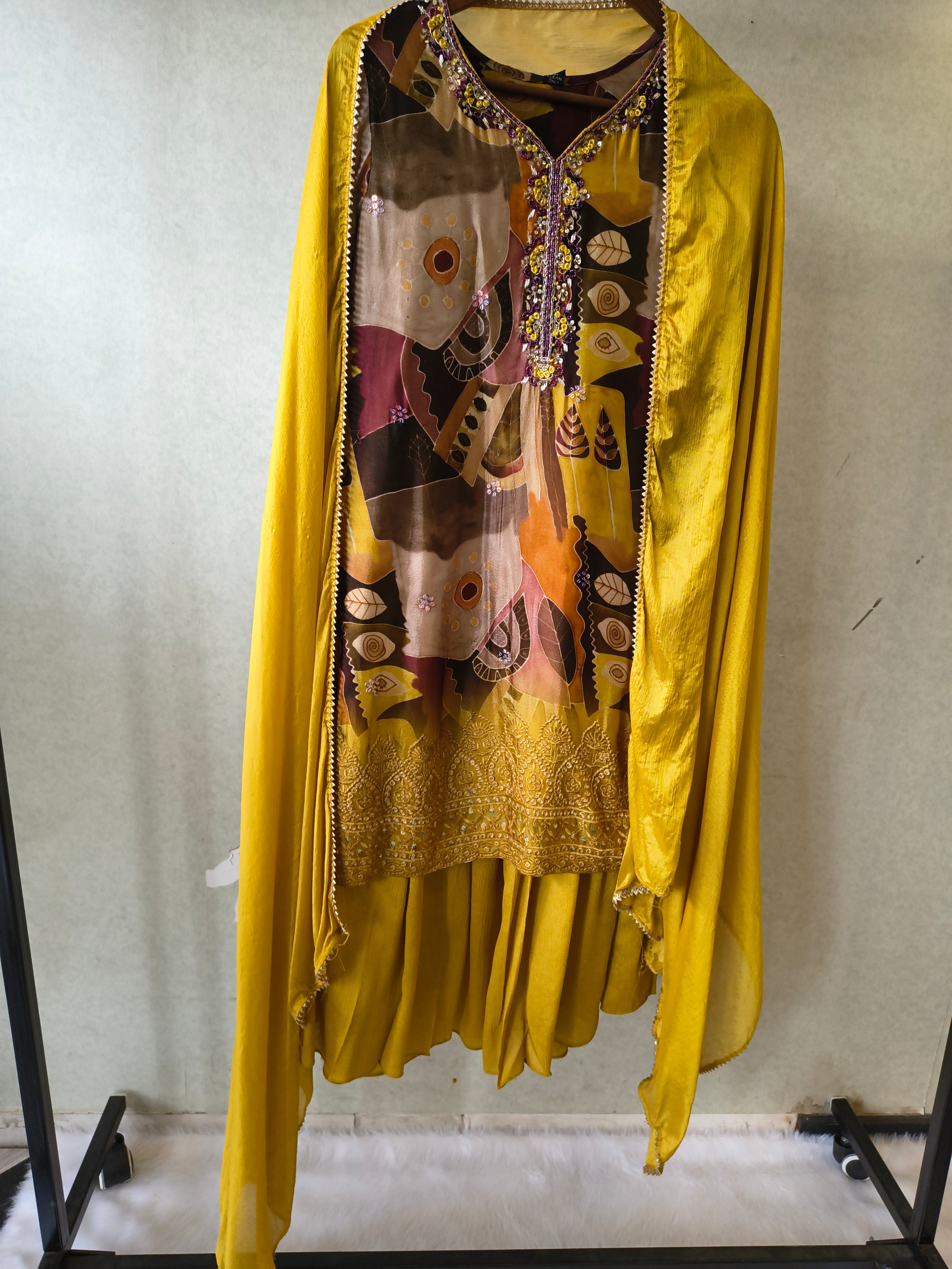 Image of Premium Mustard Abstract Printed Kurta with Sharara & Dupatta Set