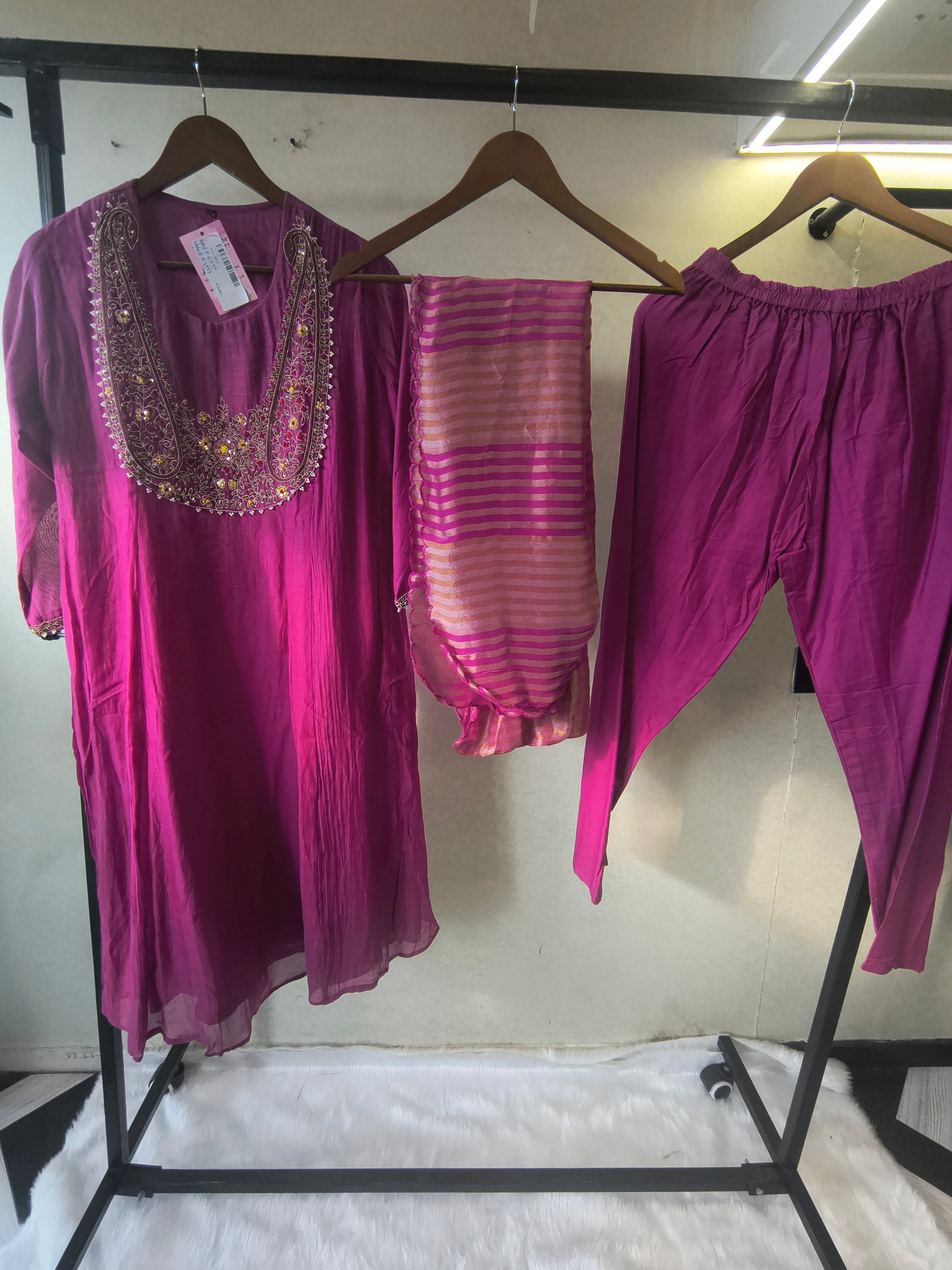 Magenta Embroidered Straight Kurta Set with Heavy Handcrafted Yoke, Striped Organza Dupatta & Premium 3 Piece Ethnic Ensemble