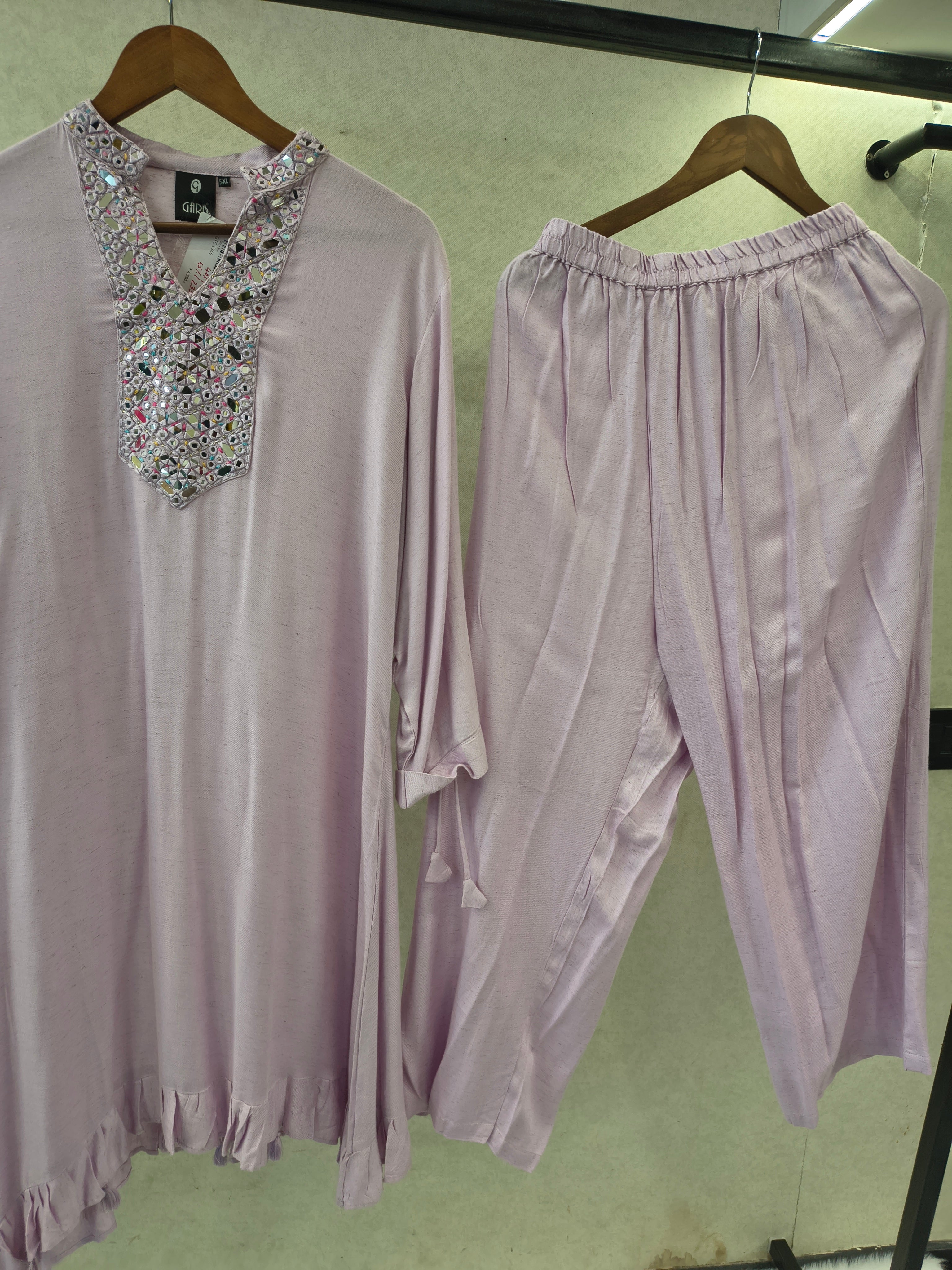 Image of Premium Lilac Mirror Work Co-Ord Kurta Set with Designer Embellished Neckline