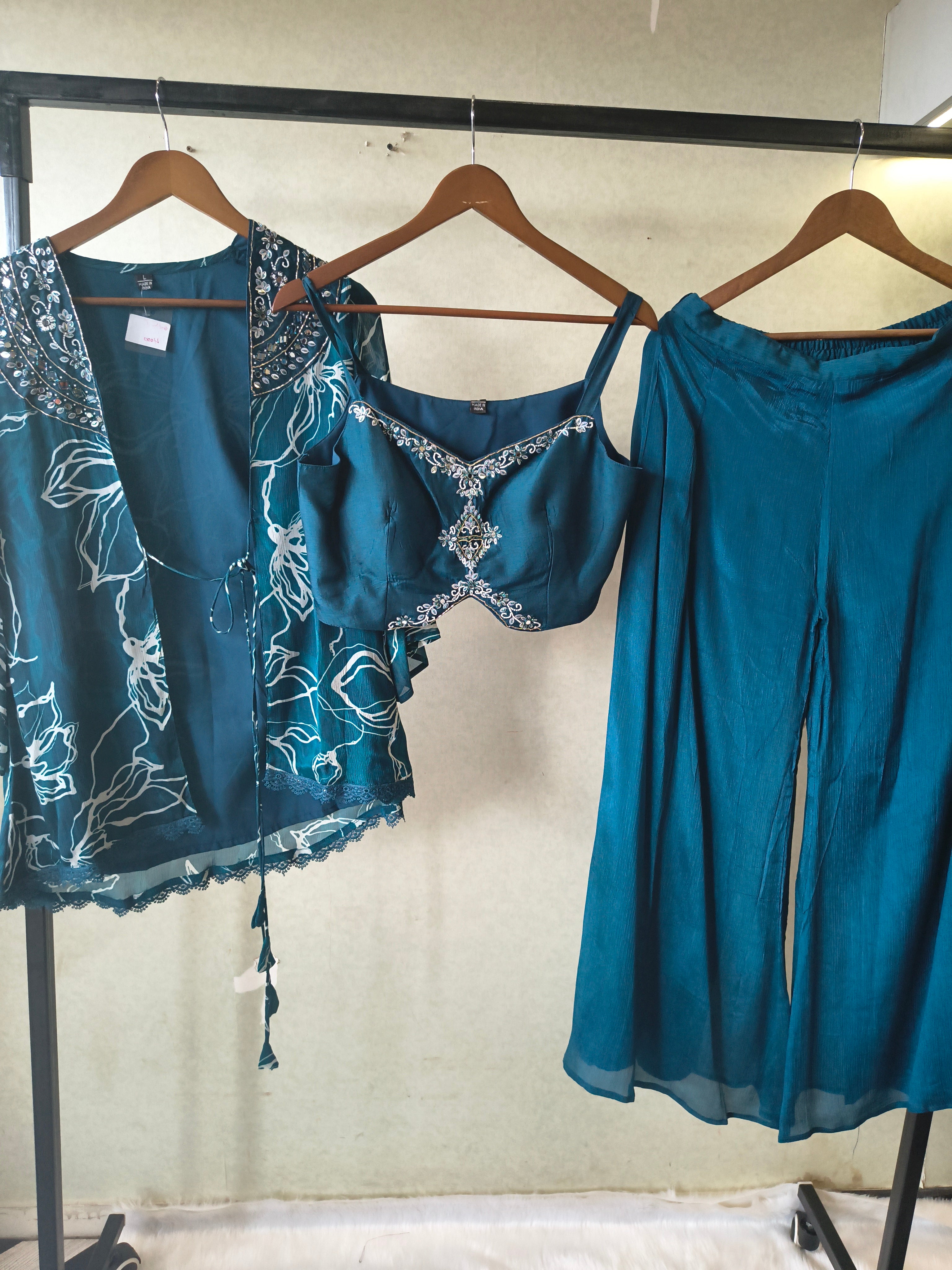 Image of Teal Printed Shrug with Embroidered Designer Bralette & Flared Palazzo – 3 Piece Indo-Western Co-Ord Set