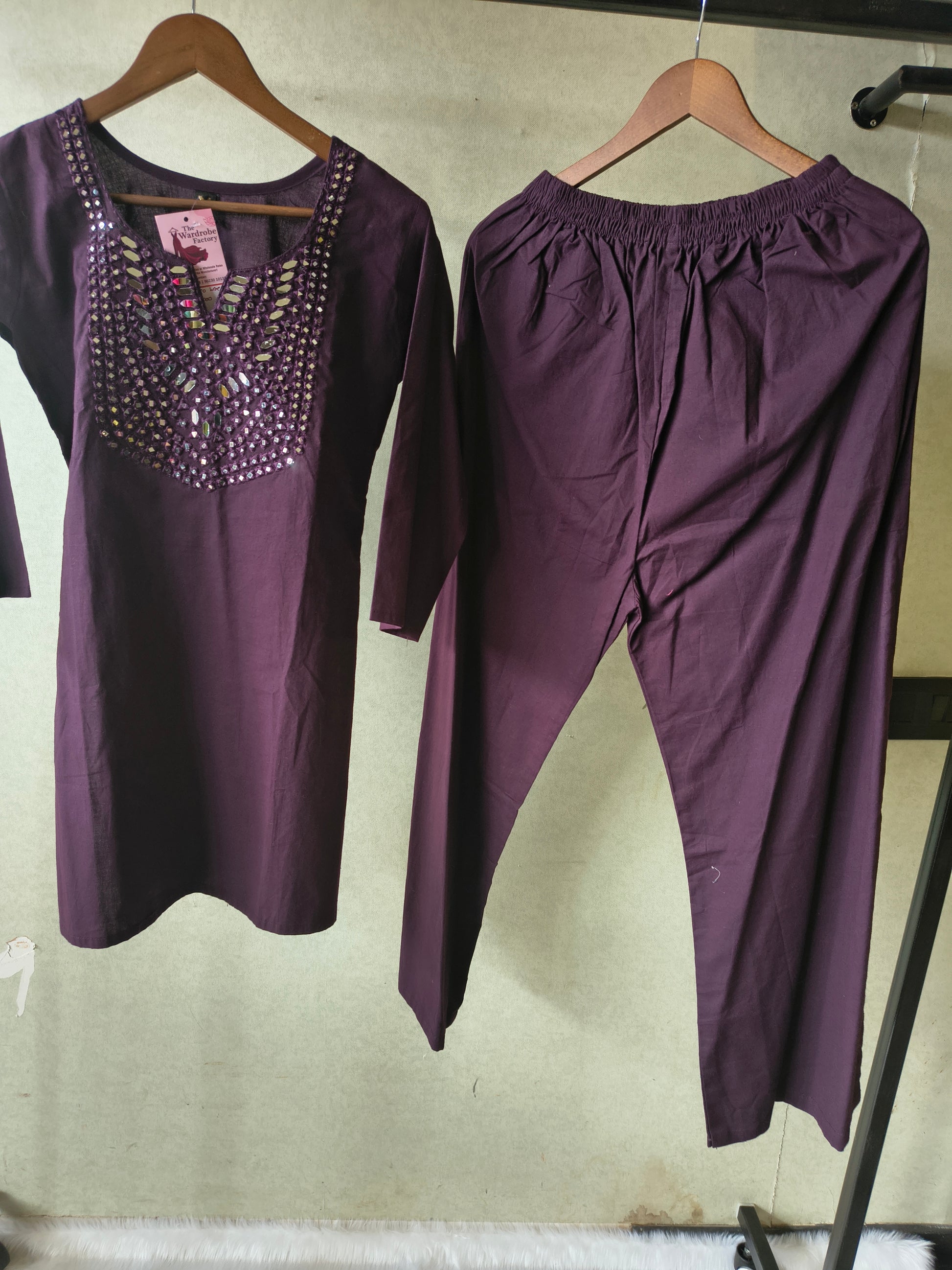 Premium Deep Wine Straight Kurta Set with Mirror Embellished Yoke & Solid Palazzo Pants