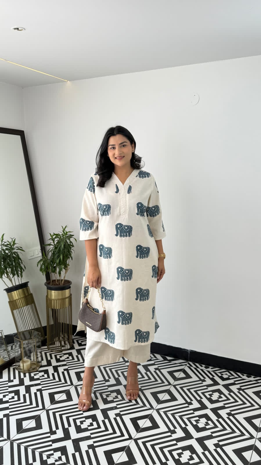 Image of Explore Breathable & Embroidered and beautiful elephant print all over kurti Co-ord Sets your go-to for any occasion