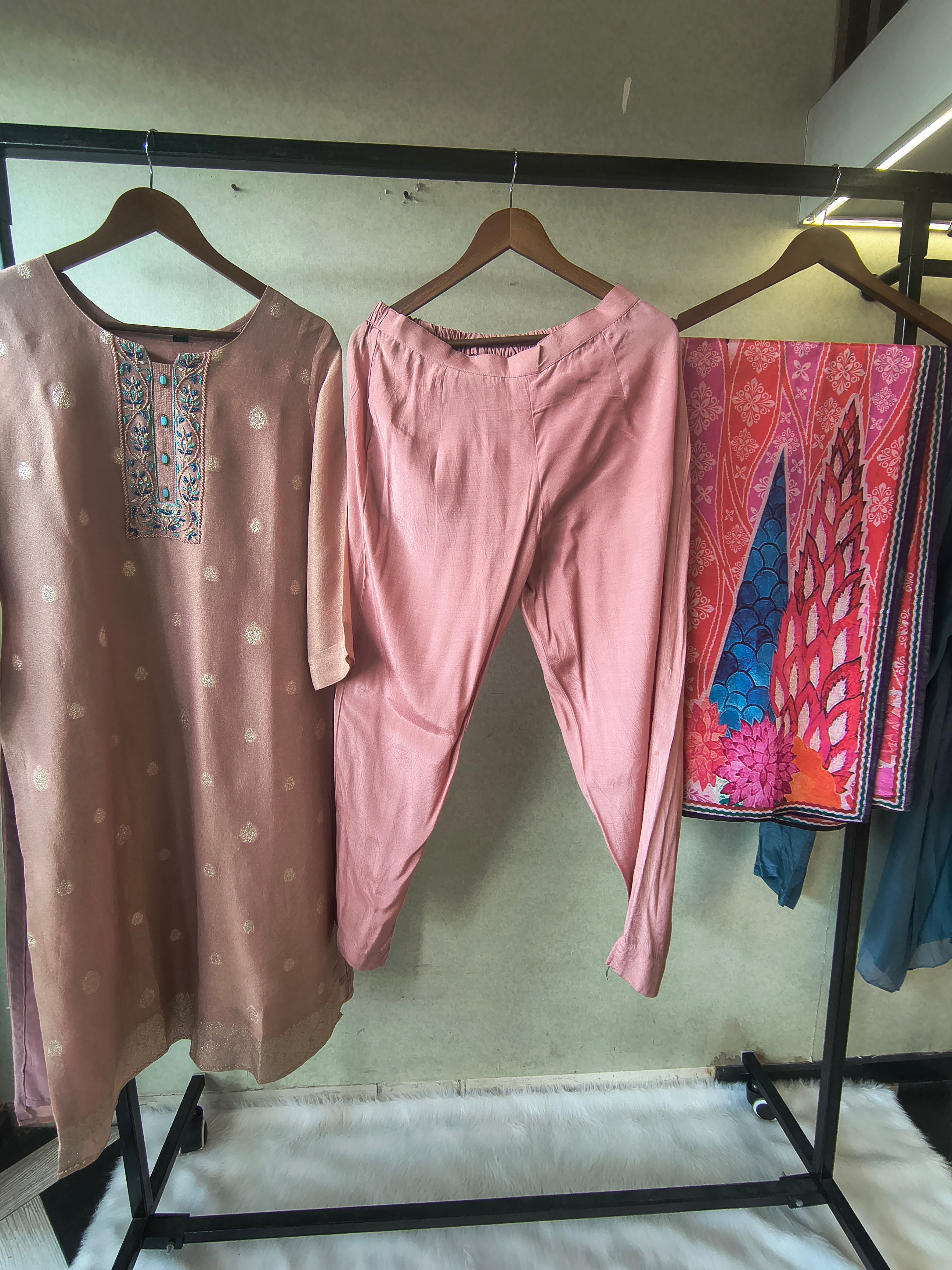 Image of Premium Blush Pink Embroidered Straight Kurta with Cigarette Pants & Designer Printed Dupatta Set