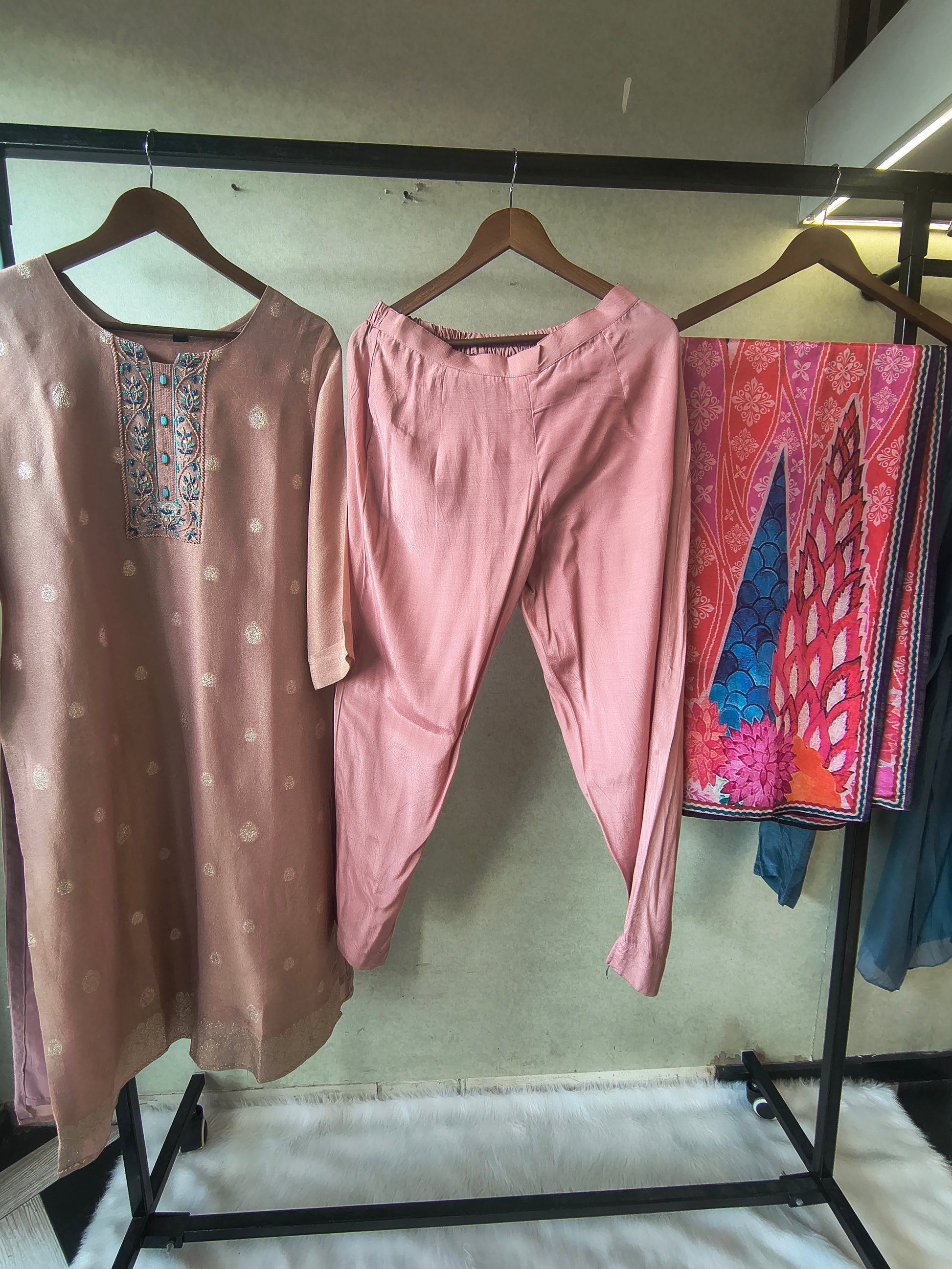 Premium Blush Pink Embroidered Straight Kurta with Cigarette Pants & Designer Printed Dupatta Set