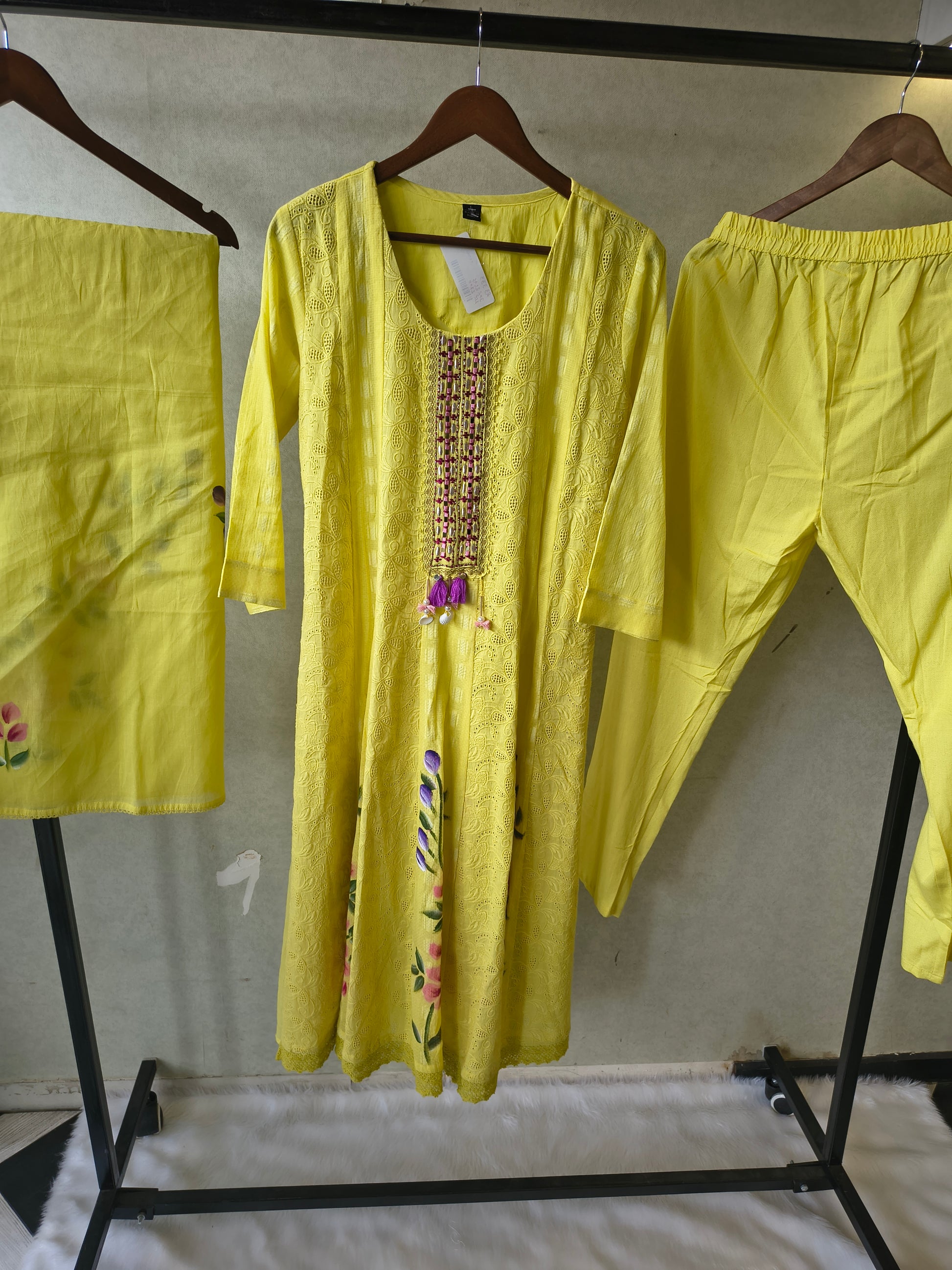 Premium Sunshine Yellow Schiffli Embroidered Kurta Set with Floral Handwork & Dupatta