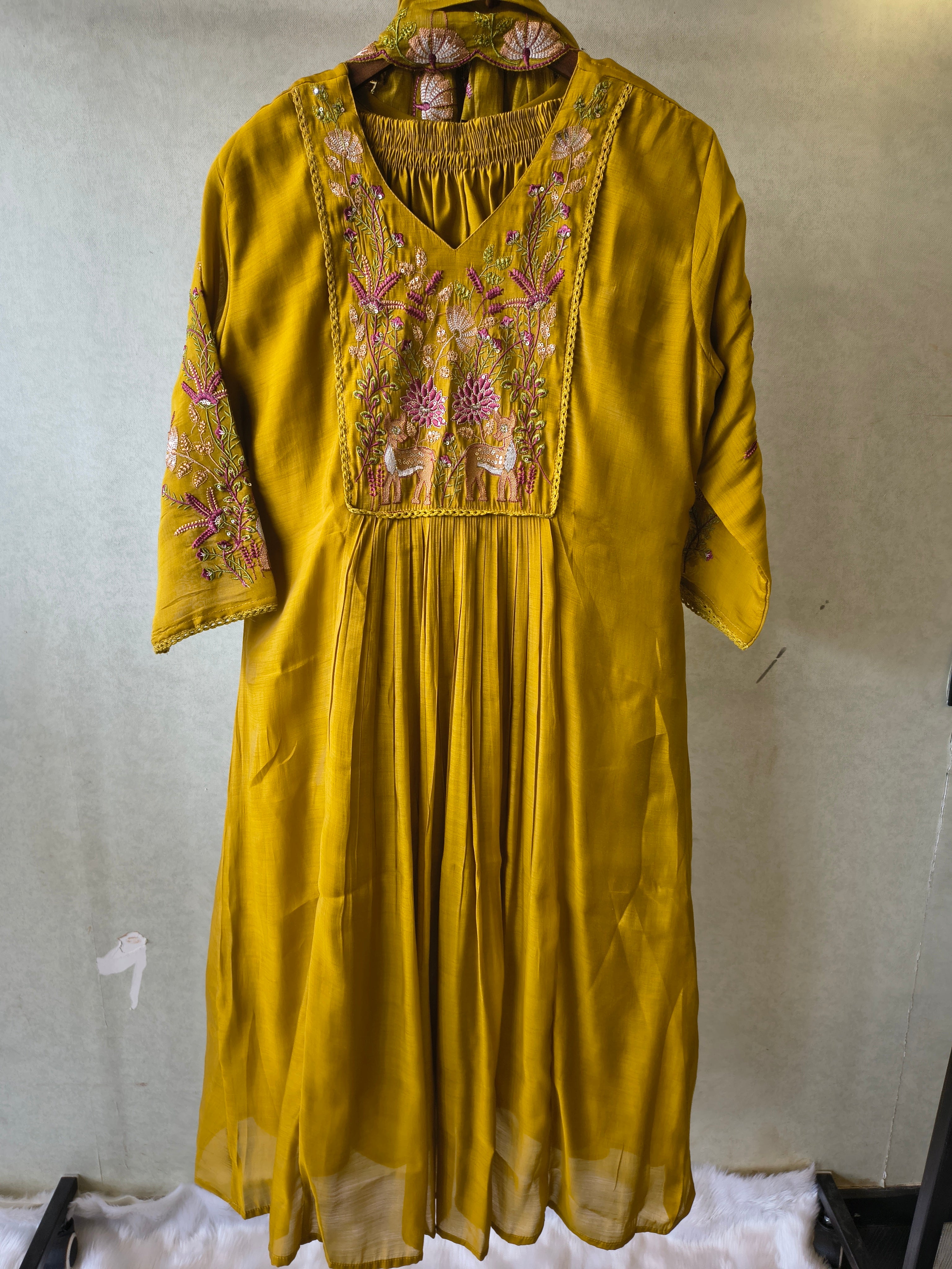 Image of Mustard Yellow Cotton Blend 3-Piece Suit Set with Floral Embroidered Yoke & Tassel Dupatta