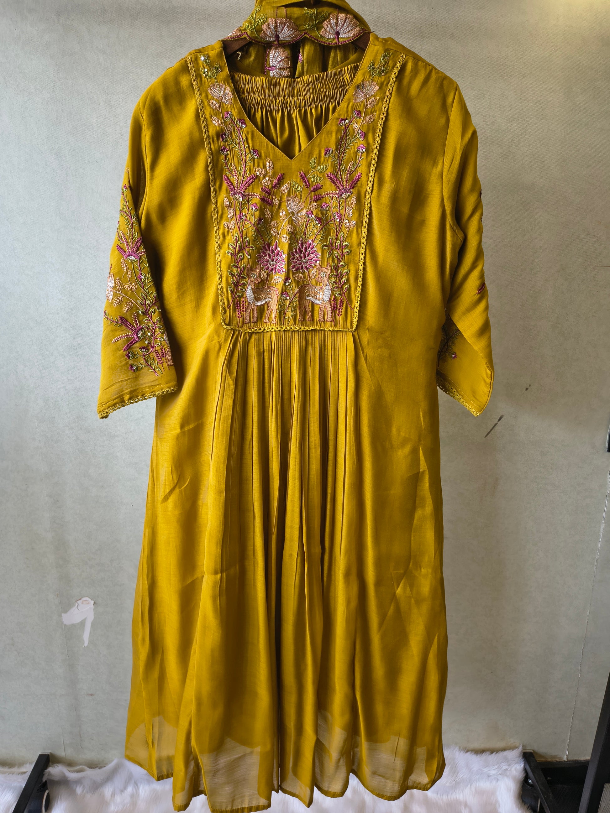 Mustard Yellow Cotton Blend 3-Piece Suit Set with Floral Embroidered Yoke & Tassel Dupatta
