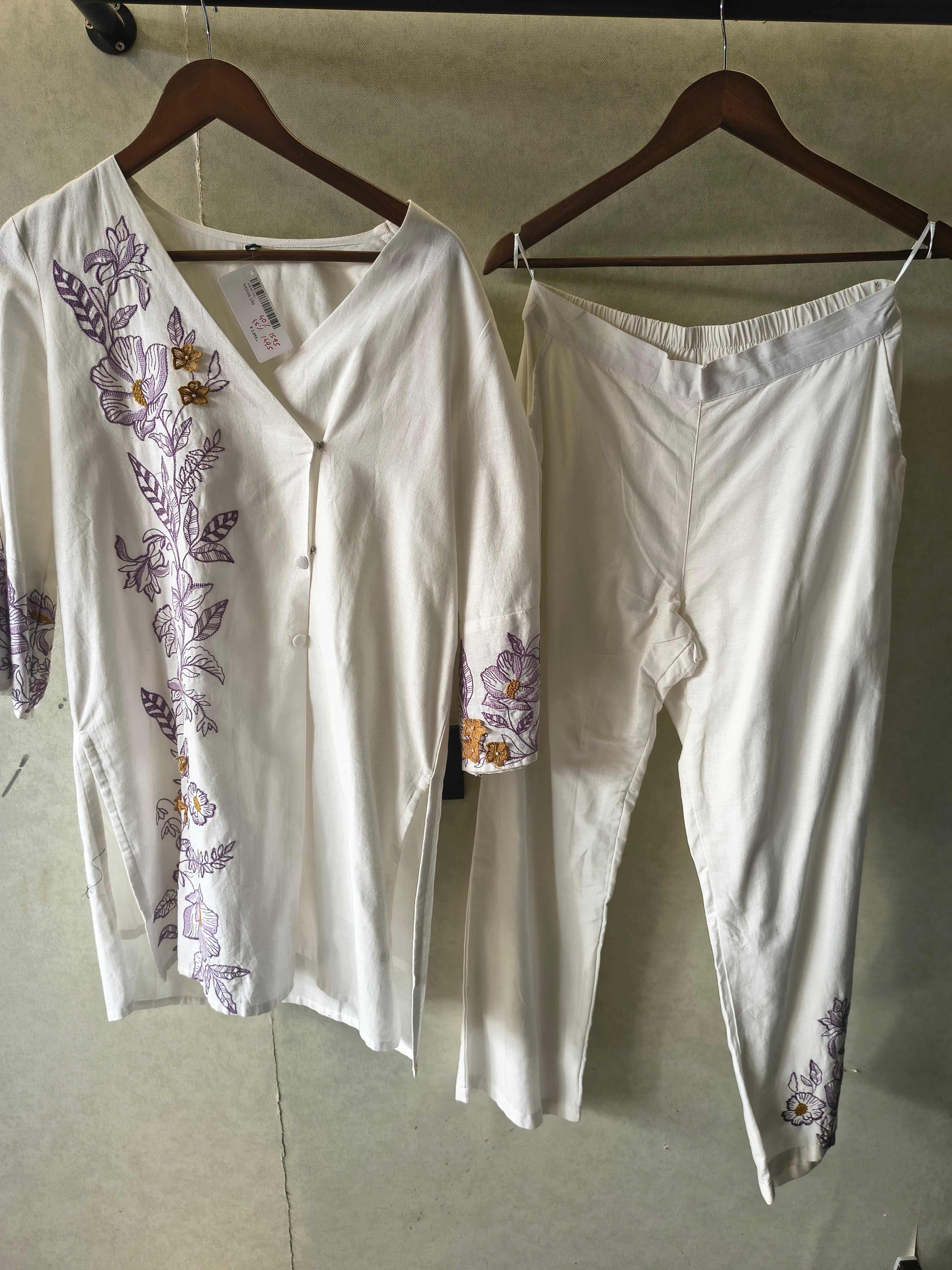Image of Ivory Lavender Floral Embroidered Designer Wrap Kurta Pant Co-Ord Set