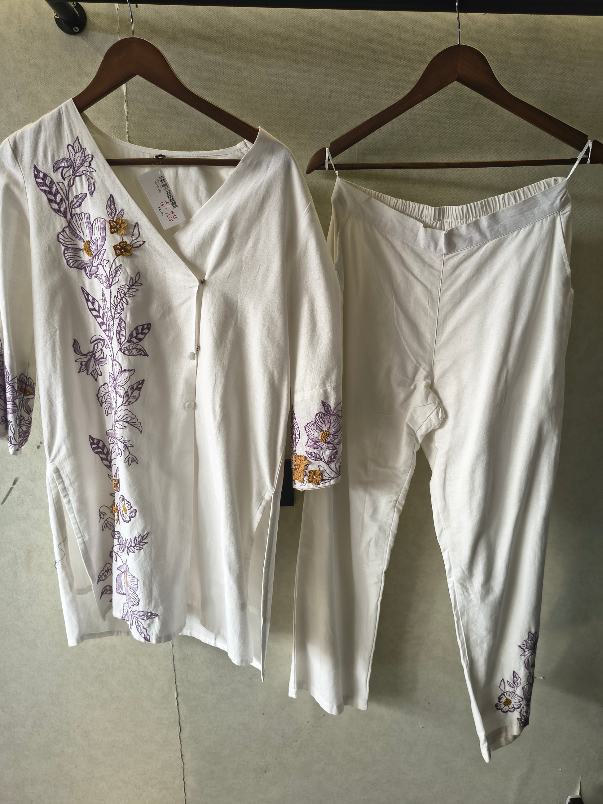 Ivory Lavender Floral Embroidered Designer Wrap Kurta Pant Co-Ord Set