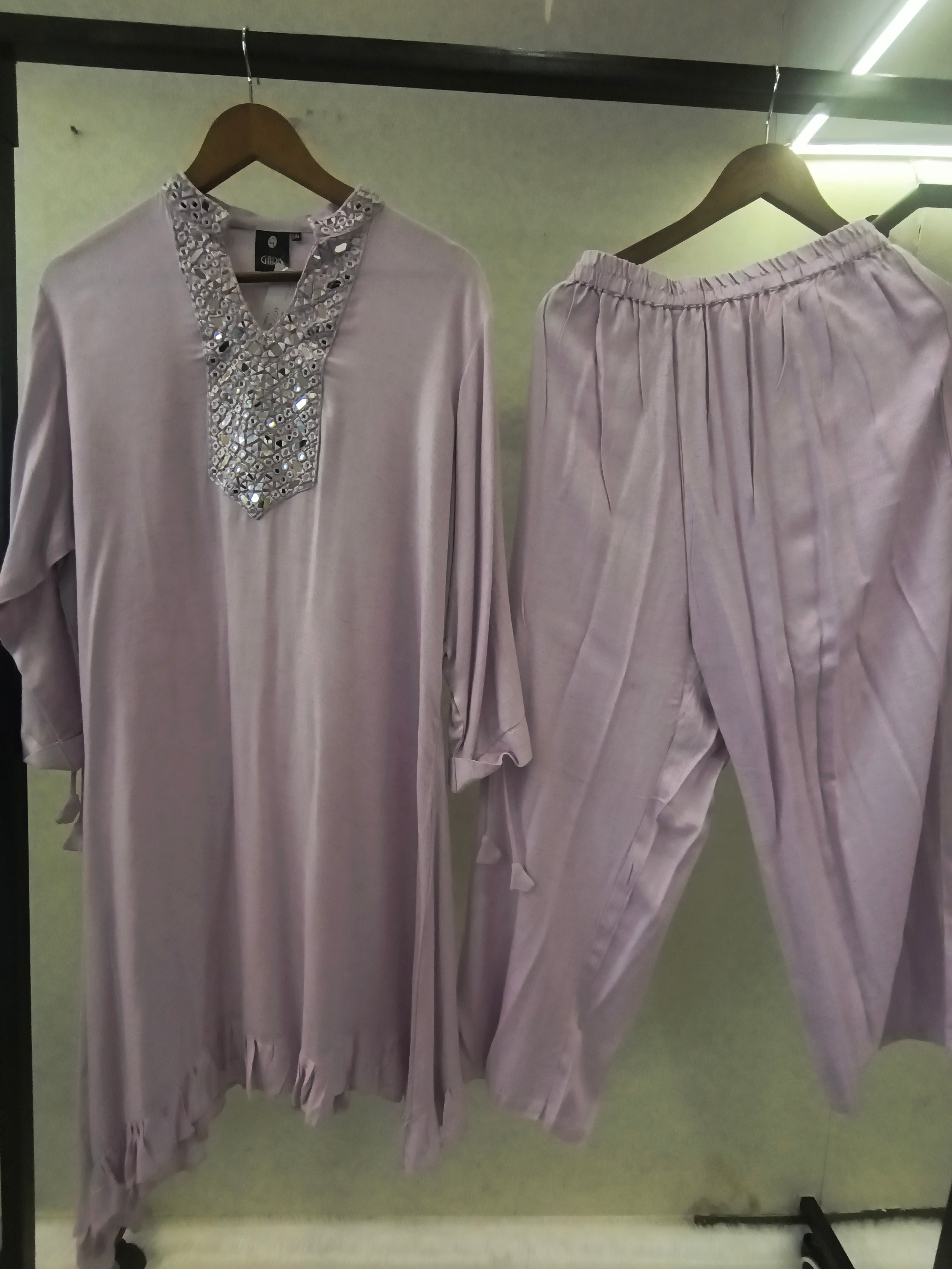 Image of Premium Lilac Mirror Work Co-Ord Kurta Set with Designer Embellished Neckline