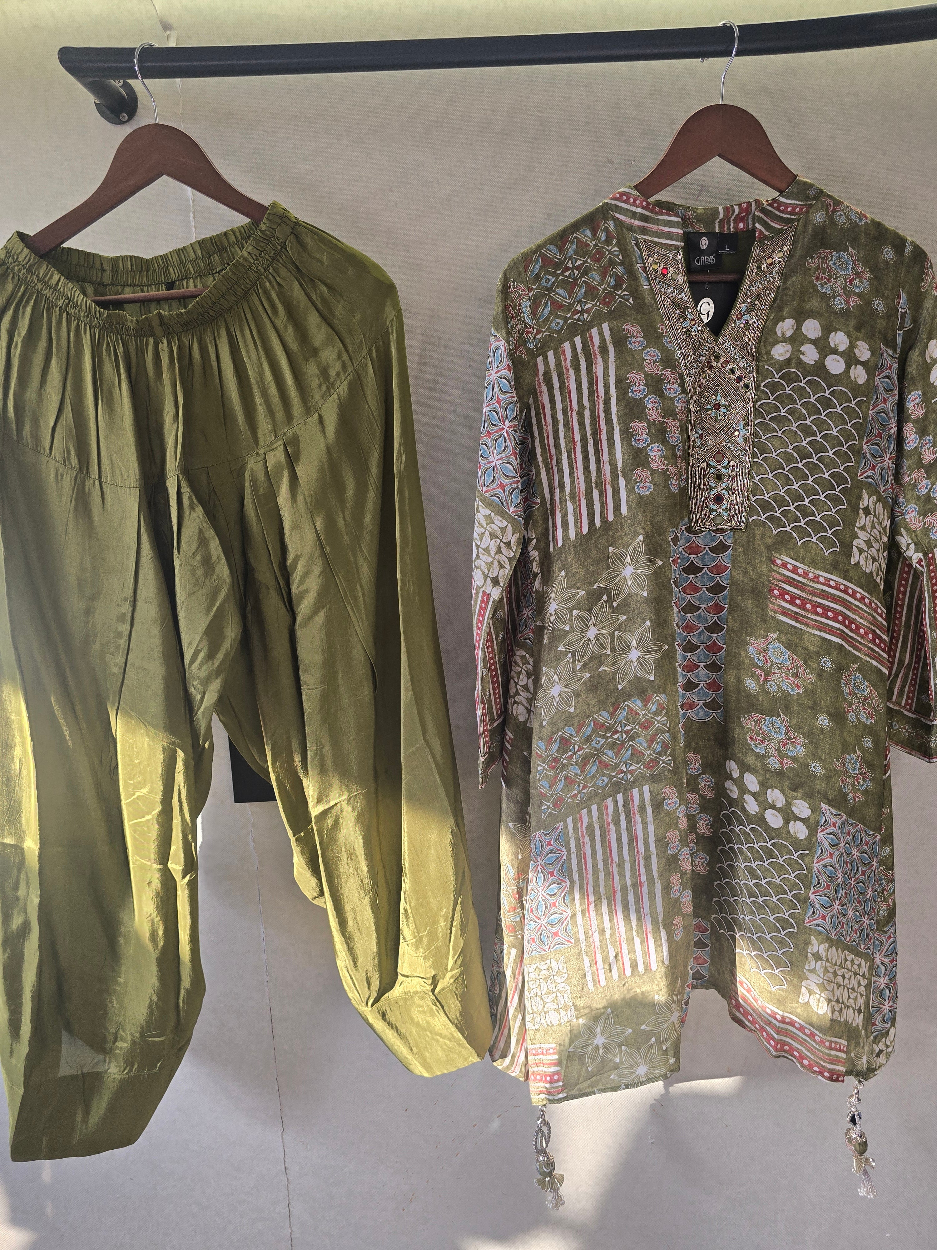Image of Olive Patchwork Print Embroidered Co-Ord Set