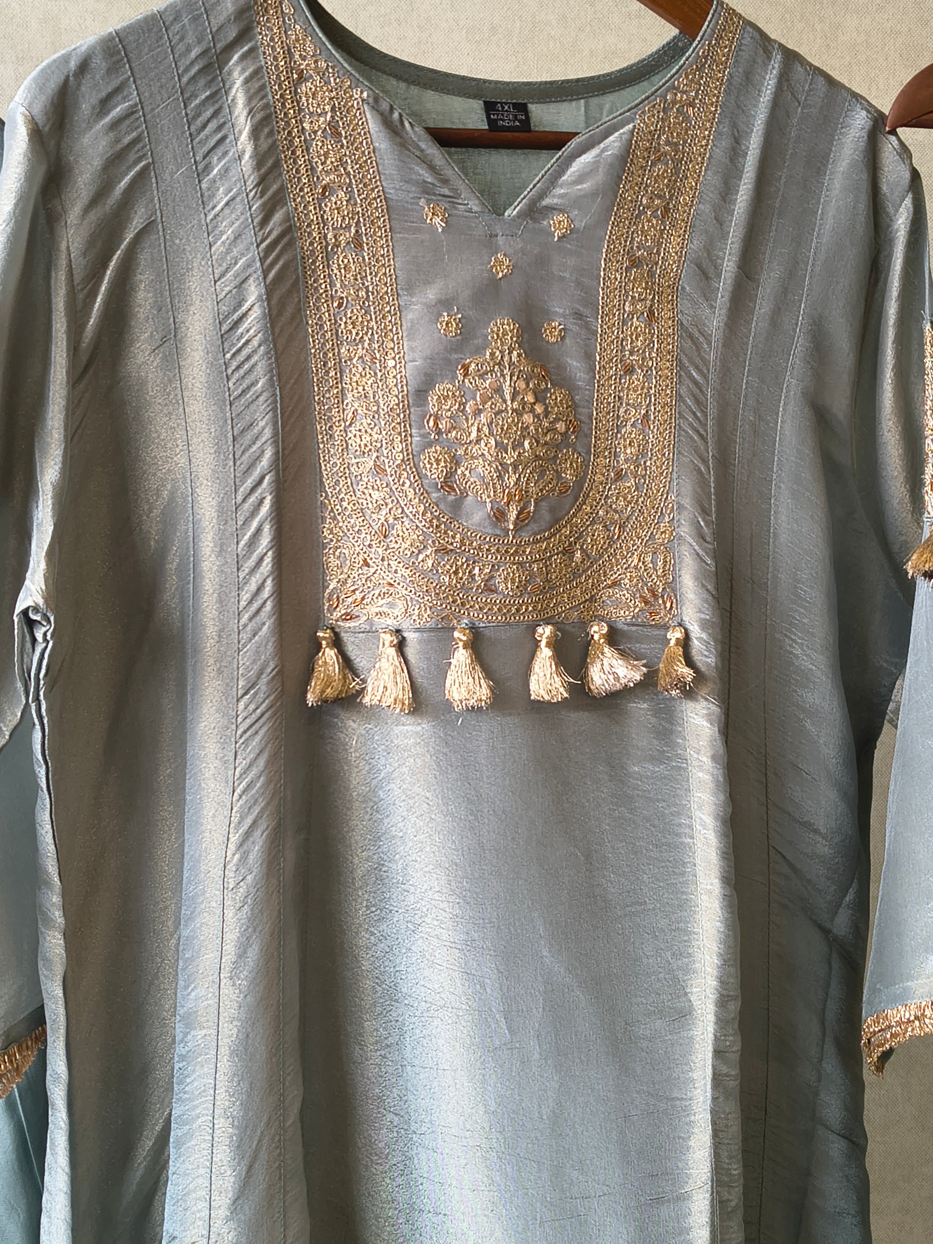Image of Premium Sage Blue Embroidered A-Line Kurta Set with Dupatta