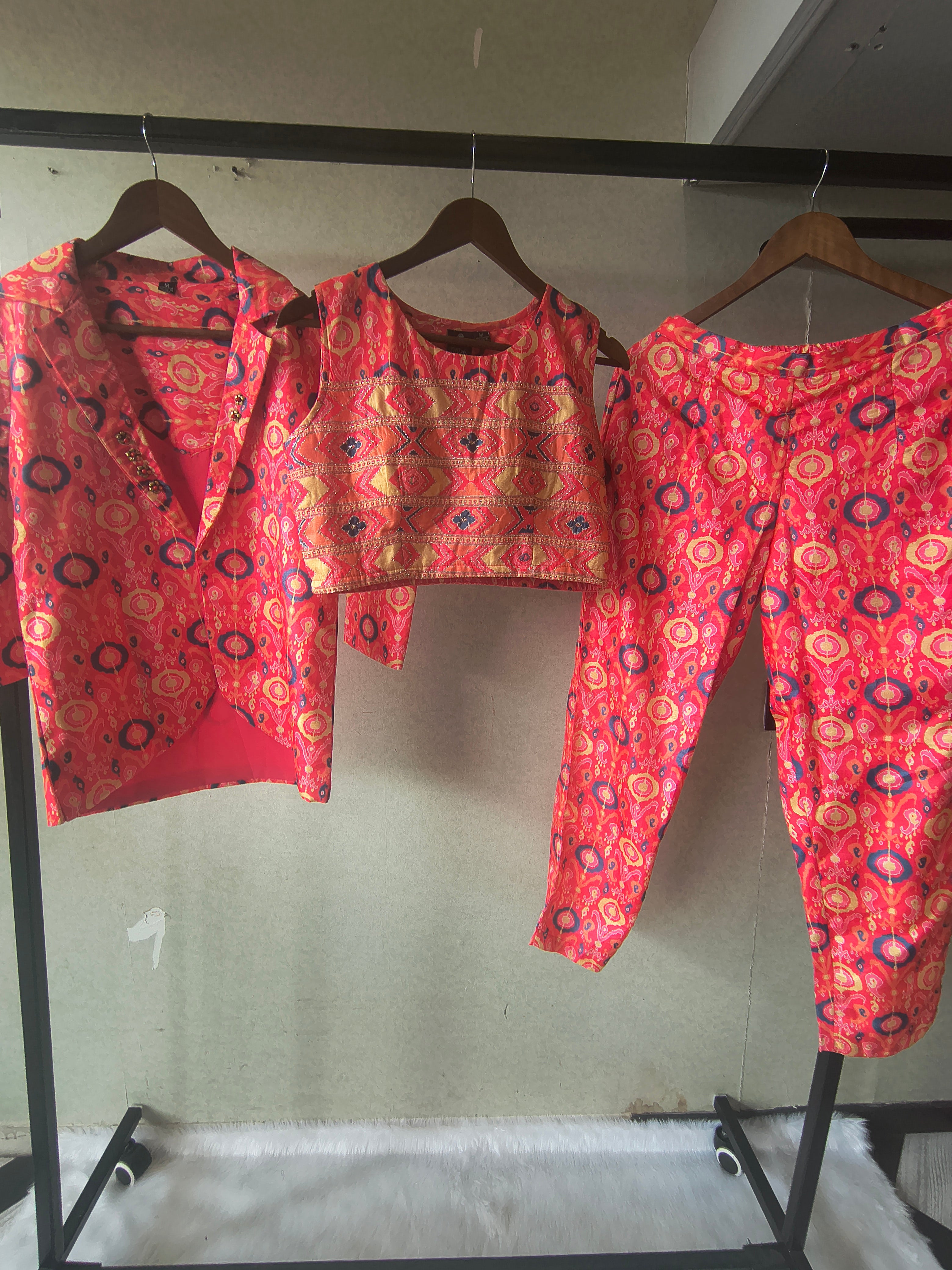 Image of Premium Indo-Western Printed Co-ord Set with Embroidered Crop Top, Printed Shirt & Straight Pants