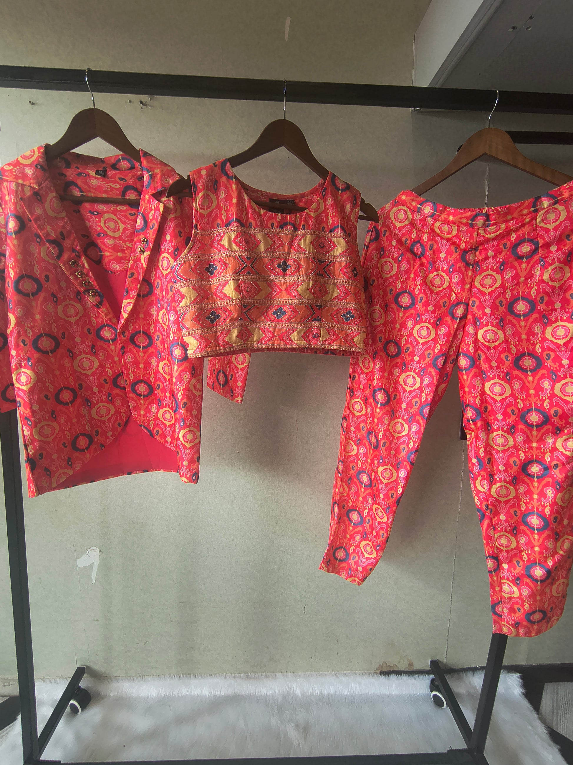 Premium Indo-Western Printed Co-ord Set with Embroidered Crop Top, Printed Shirt & Straight Pants