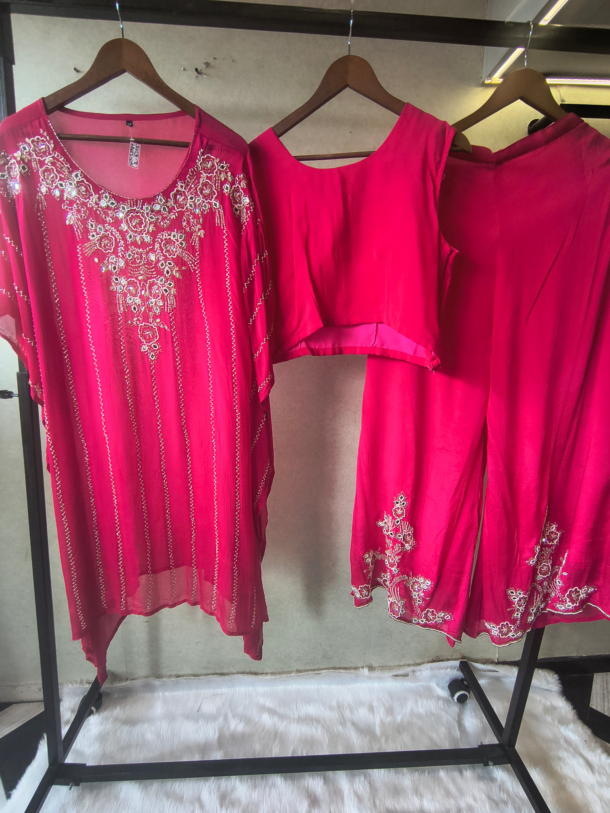 Hot Pink Mirror Embroidered Kaftan Co-Ord Set with Crop Top & Flared Palazzo – Designer 3 Piece Indo-Western Ensemble